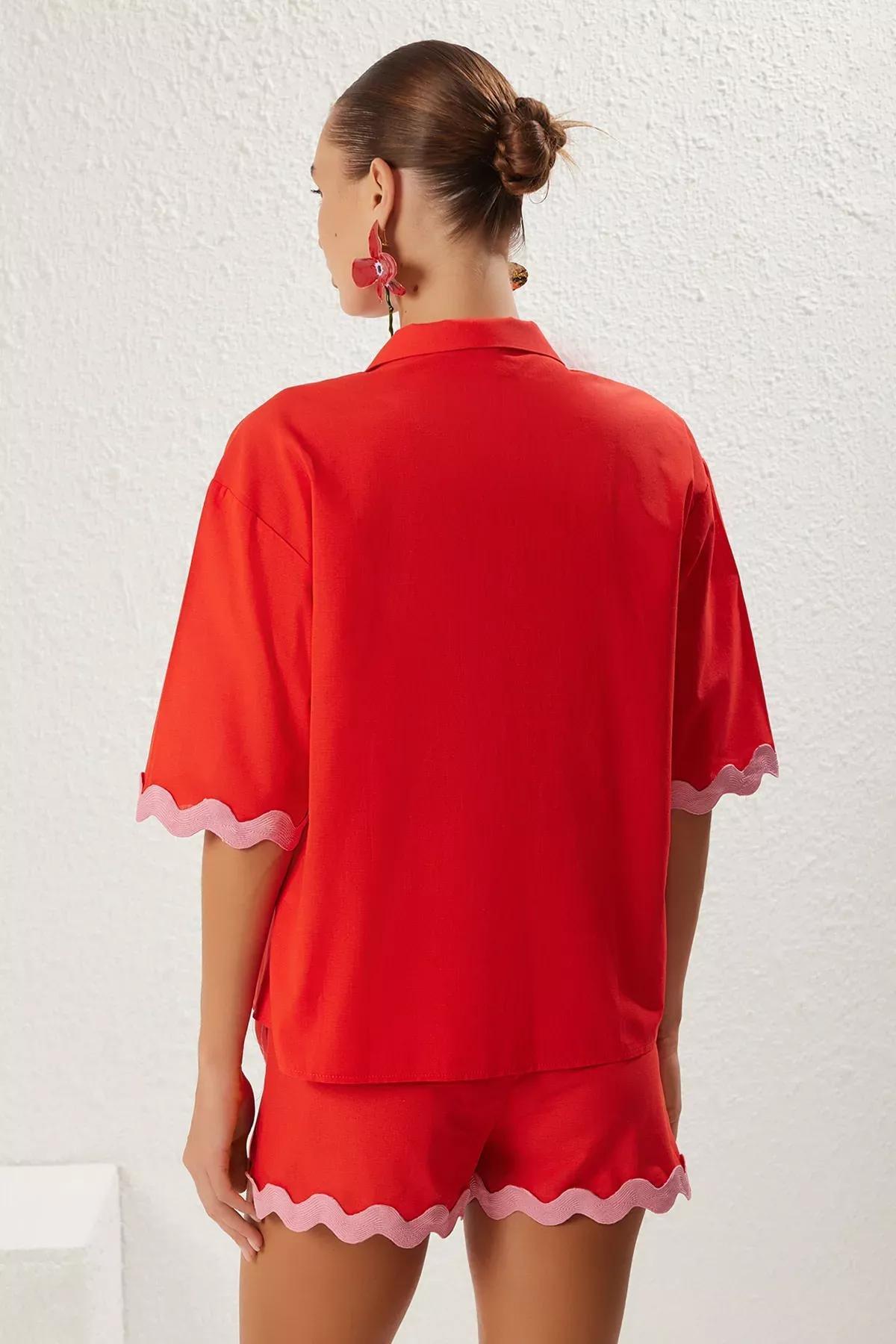 Red Pink Stripe Kimono Shorts Set, Red-Pink, large image number 4