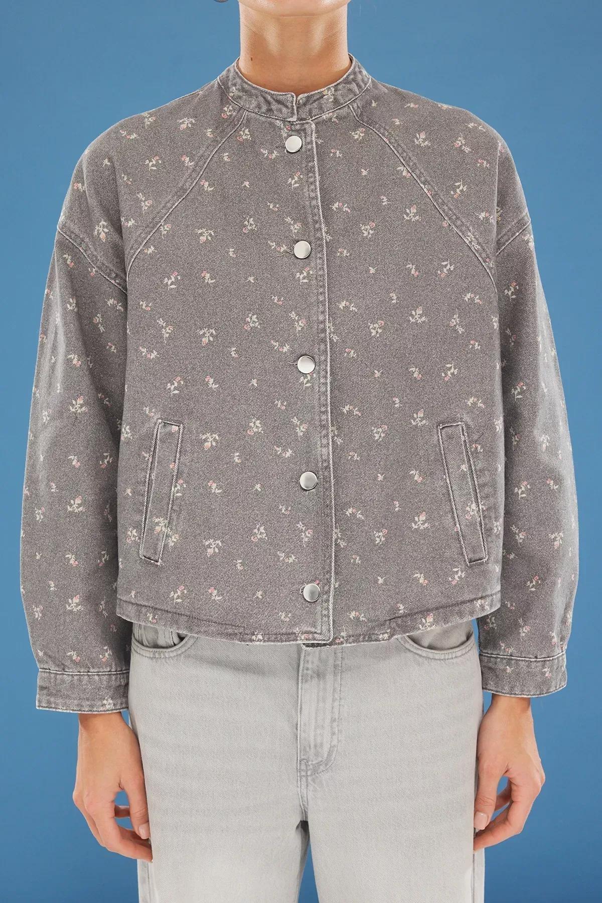 Grey  Floral Oversize Denim Jacket, C101_1653, large image number 2