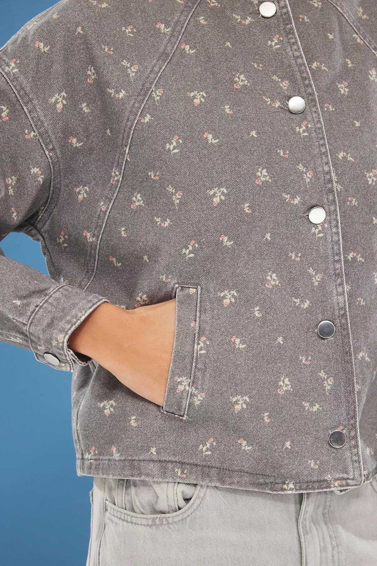 Grey  Floral Oversize Denim Jacket, C101_1653, large image number 3