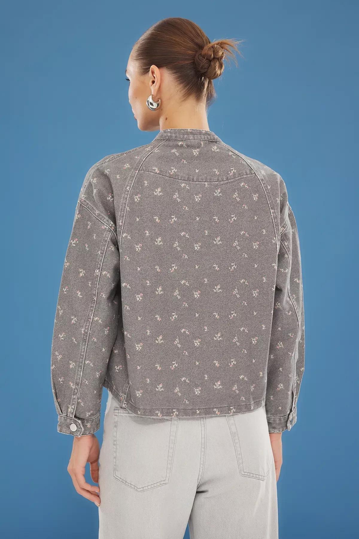 Grey  Floral Oversize Denim Jacket, C101_1653, large image number 4