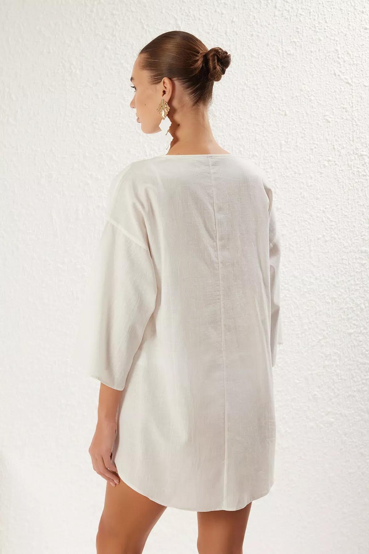 White Mini Linen Dress, , large image number 4