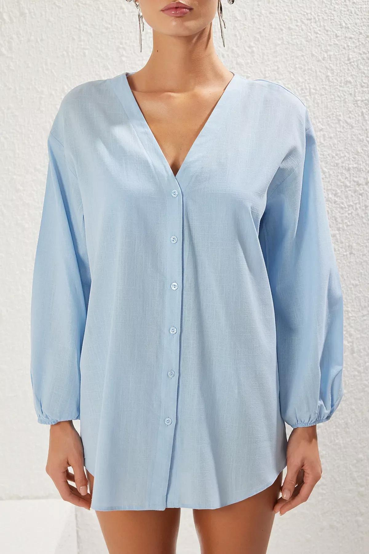 Blue Linen Balloon Sleeve Shirt, , large image number 2