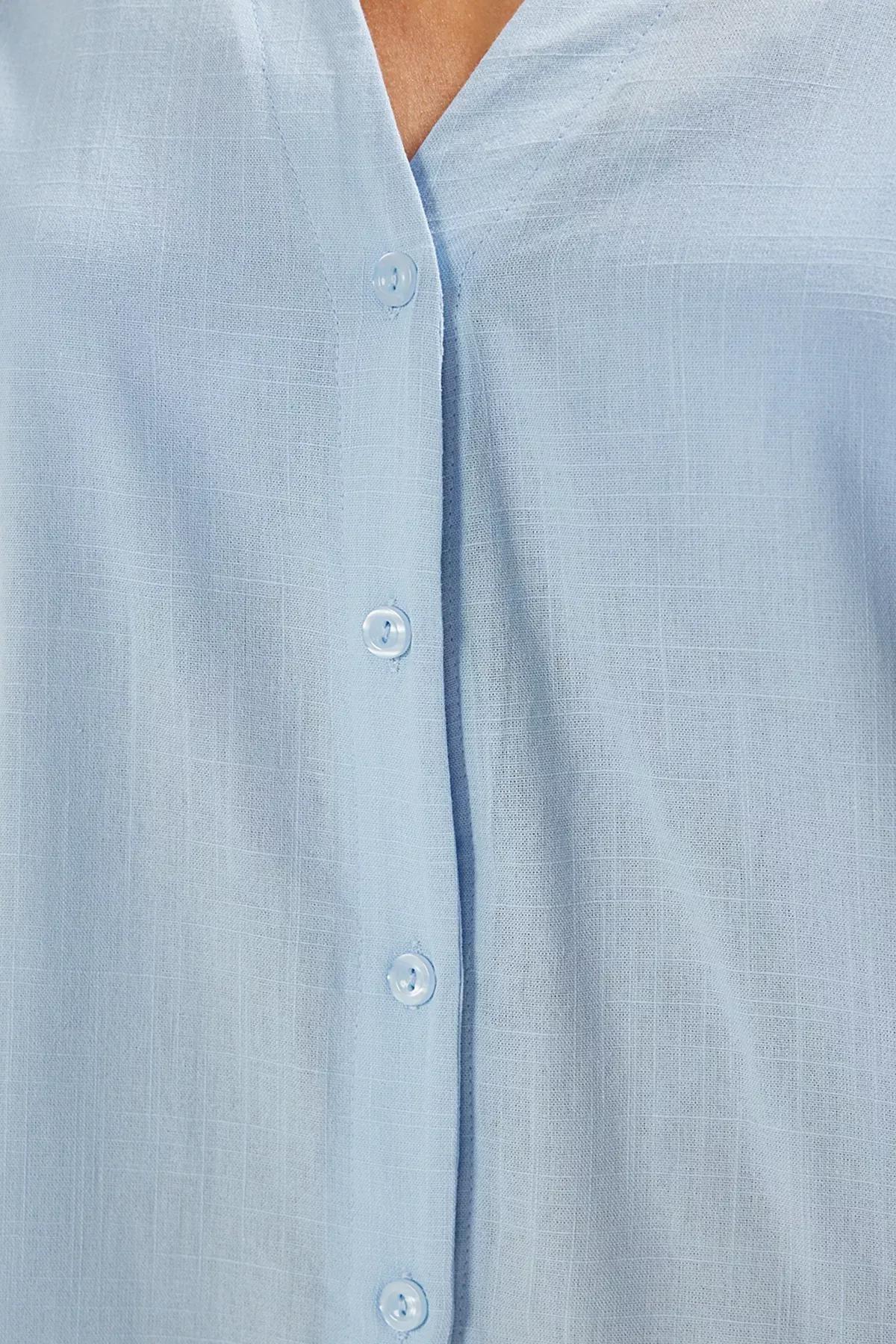 Blue Linen Balloon Sleeve Shirt, , large image number 3