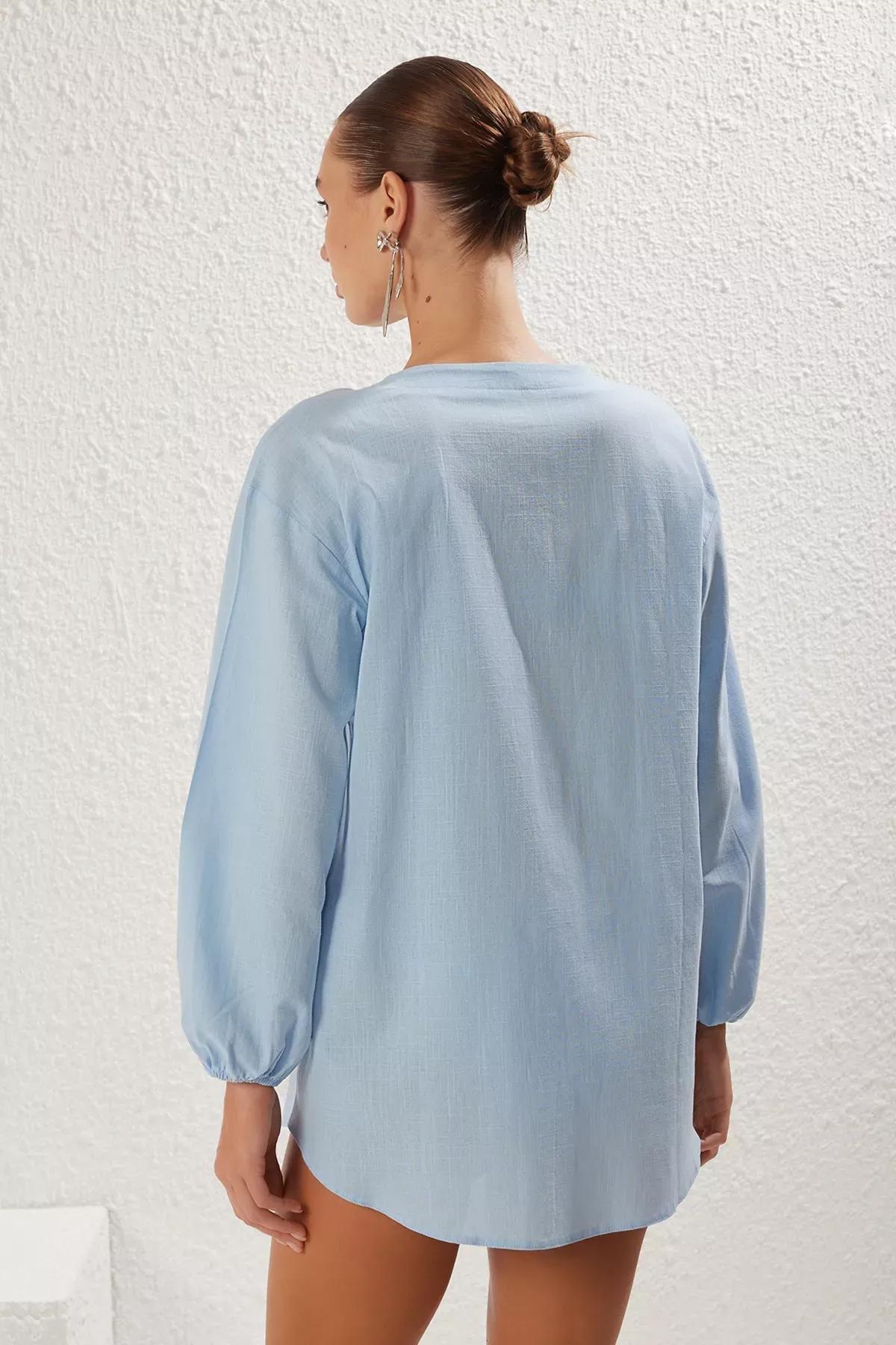 Blue Linen Balloon Sleeve Shirt, , large image number 4