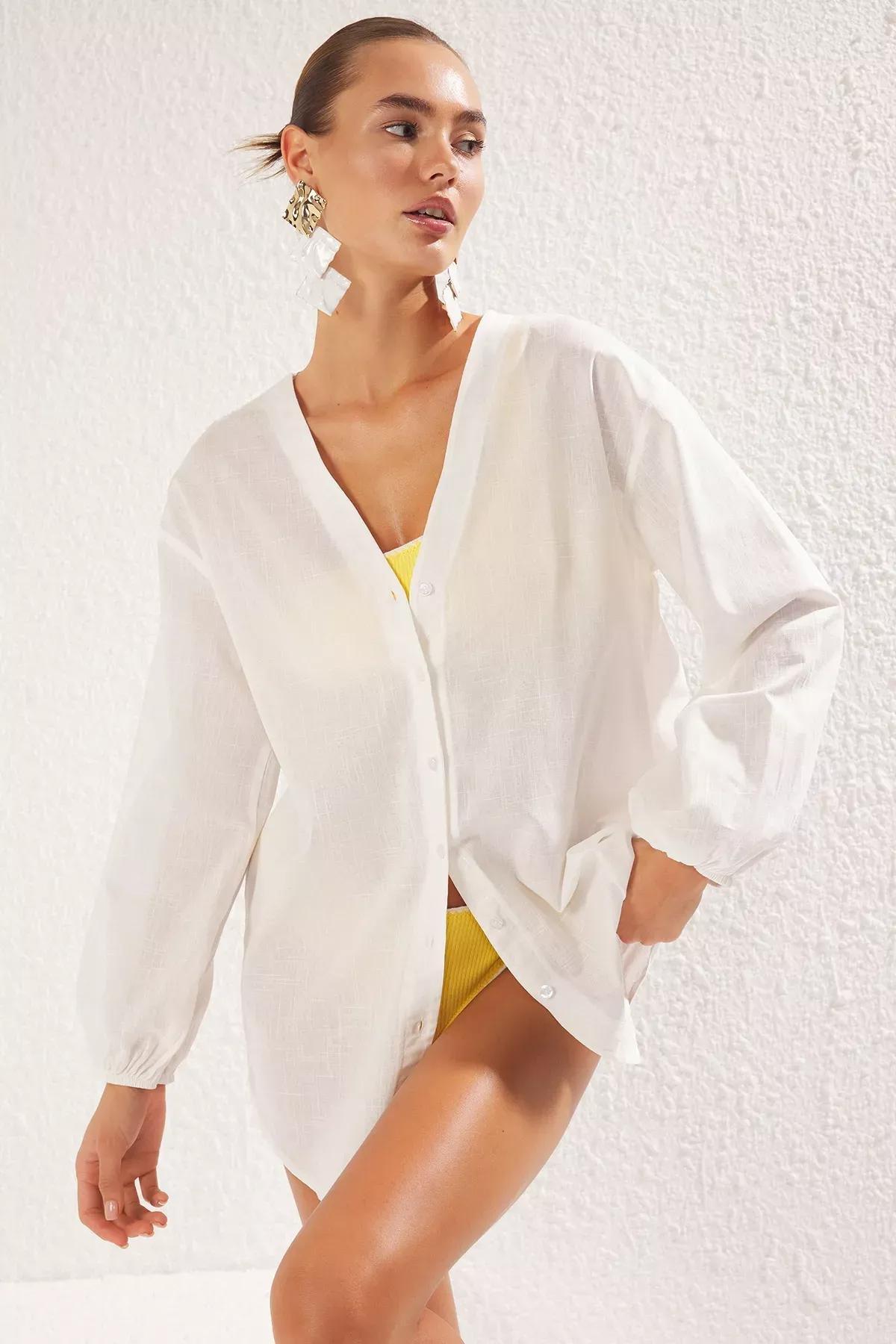 Beige Balloon Sleeve Beach Shirt, , large image number 1