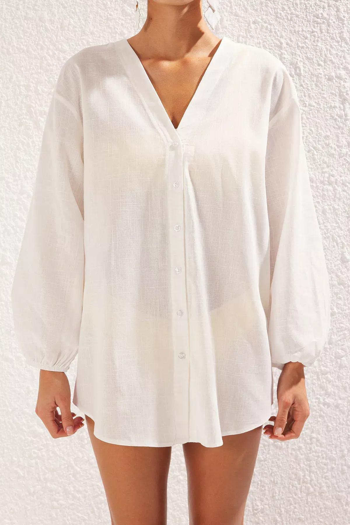Beige Balloon Sleeve Beach Shirt, , large image number 2