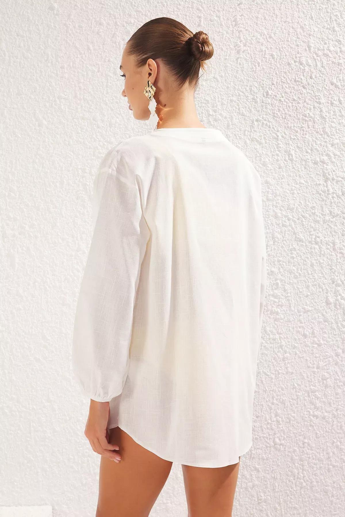 Beige Balloon Sleeve Beach Shirt, , large image number 3
