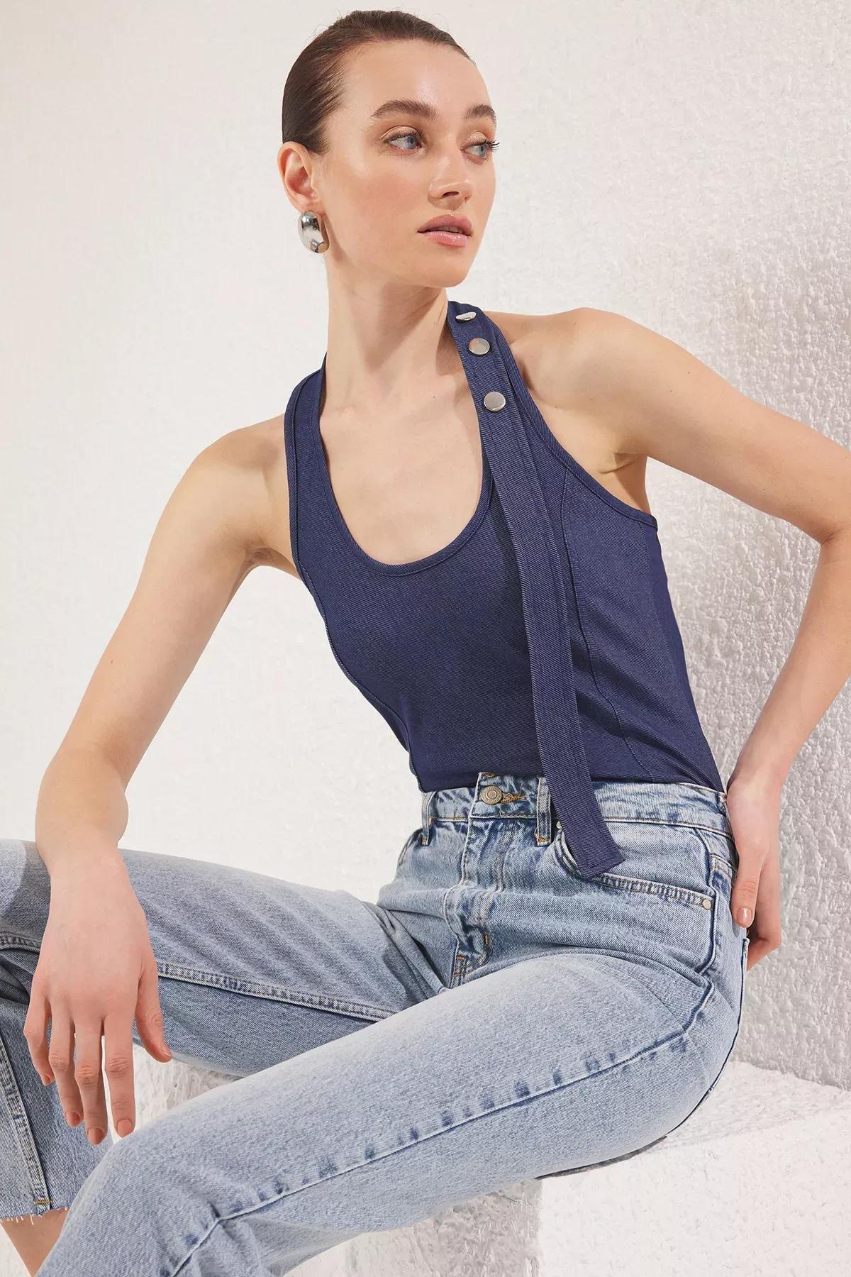 Blue Snap Halter Neck Blouse, , large image number 0