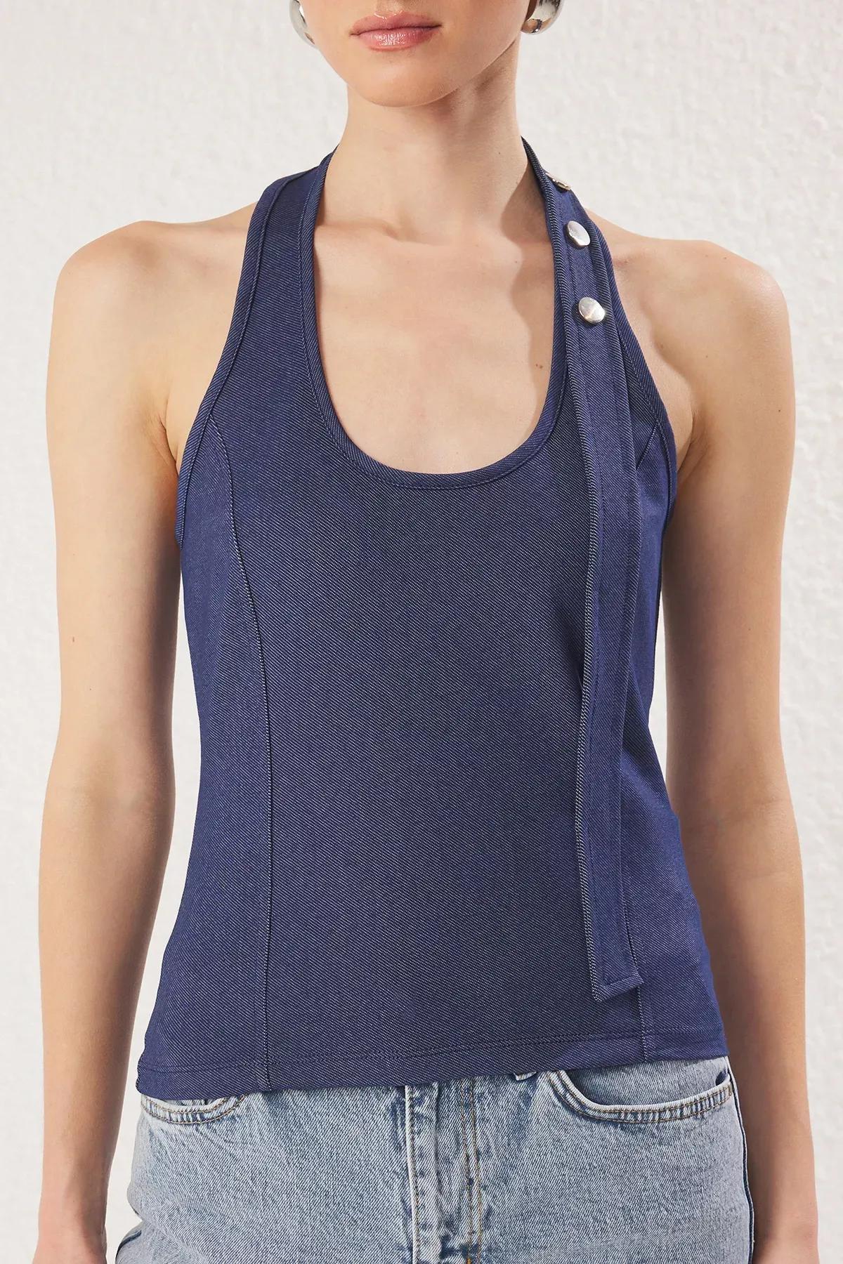 Blue Snap Halter Neck Blouse, , large image number 2