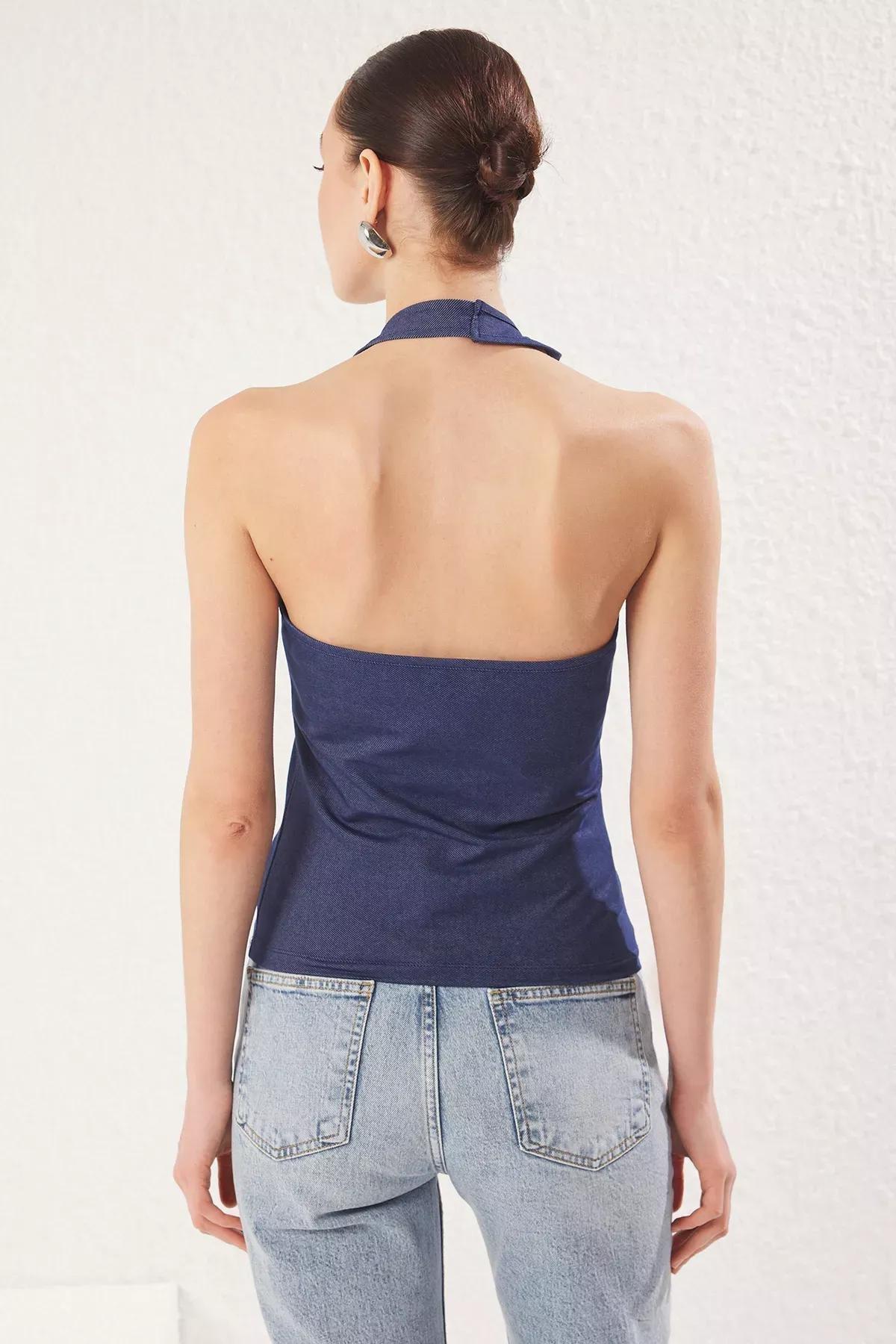 Blue Snap Halter Neck Blouse, , large image number 4