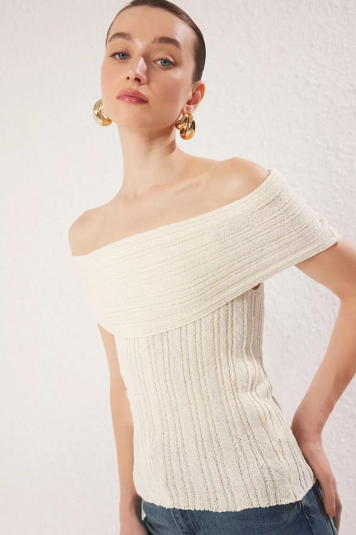 White Textured Knit Blouse, Bone, large image number 0