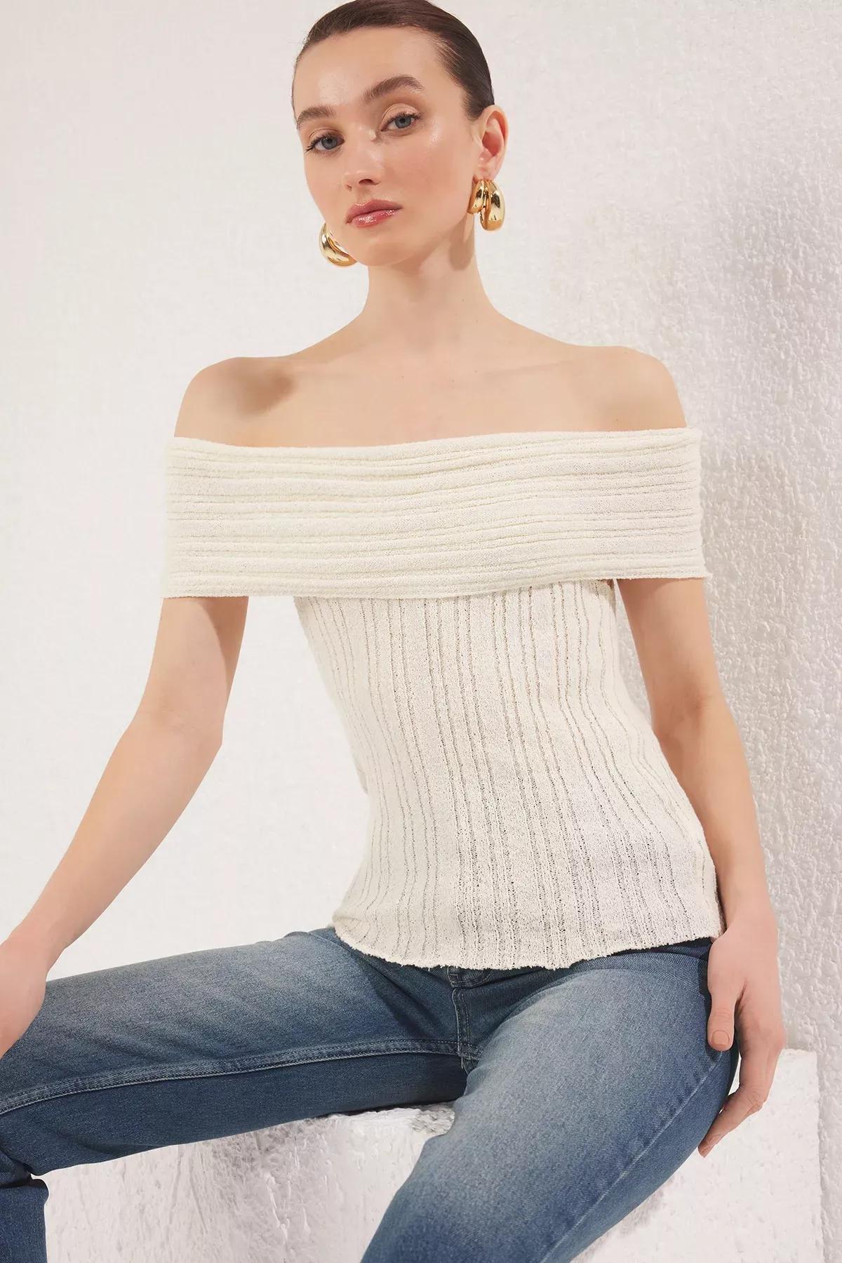 White Textured Knit Blouse, Bone, large image number 1