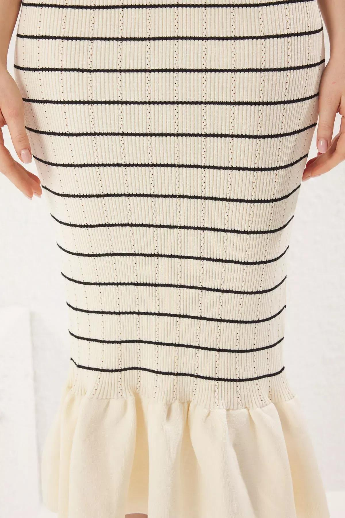 White Striped Midi Knit Dress, Bone, large image number 3