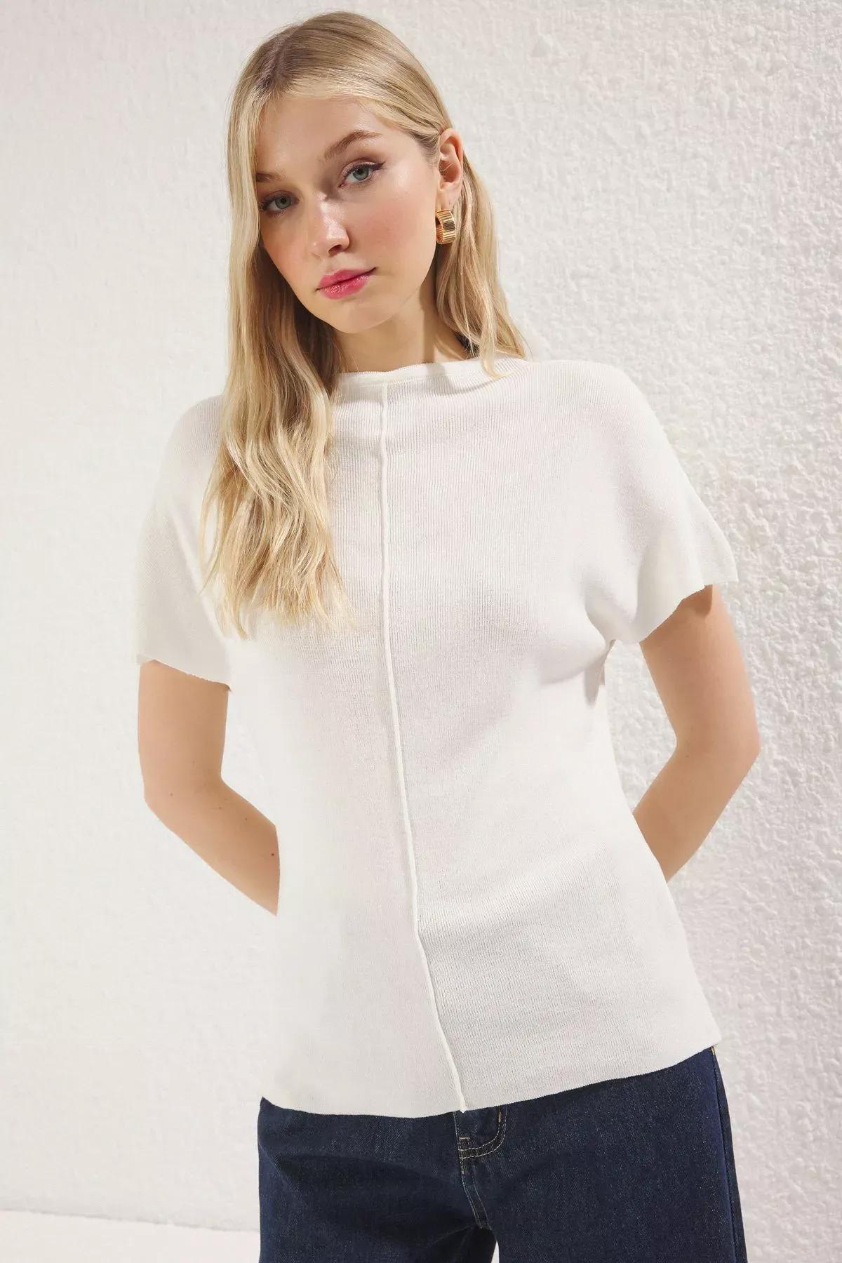 Beige Stand Collar Thin Knit Blouse, Ecru, large image number 0