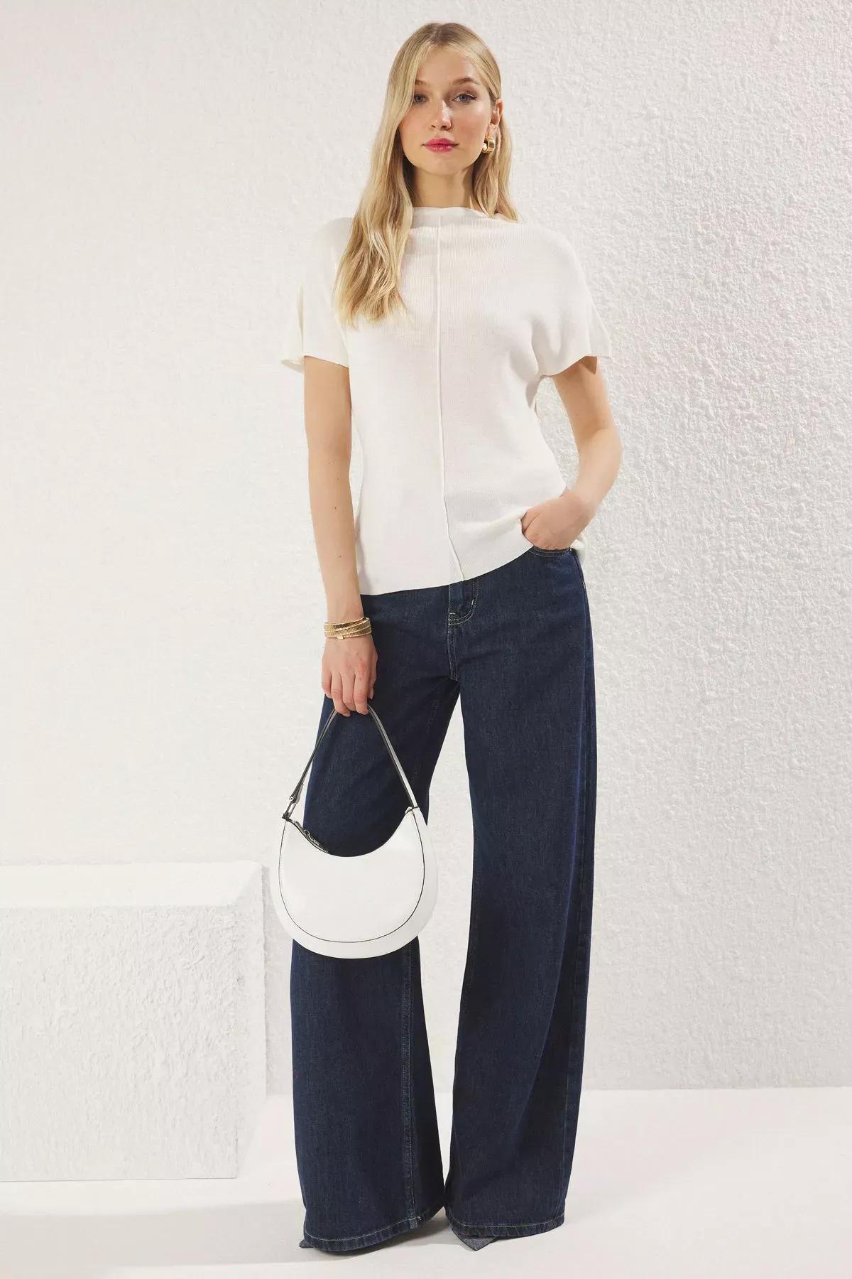 Beige Stand Collar Thin Knit Blouse, Ecru, large image number 1