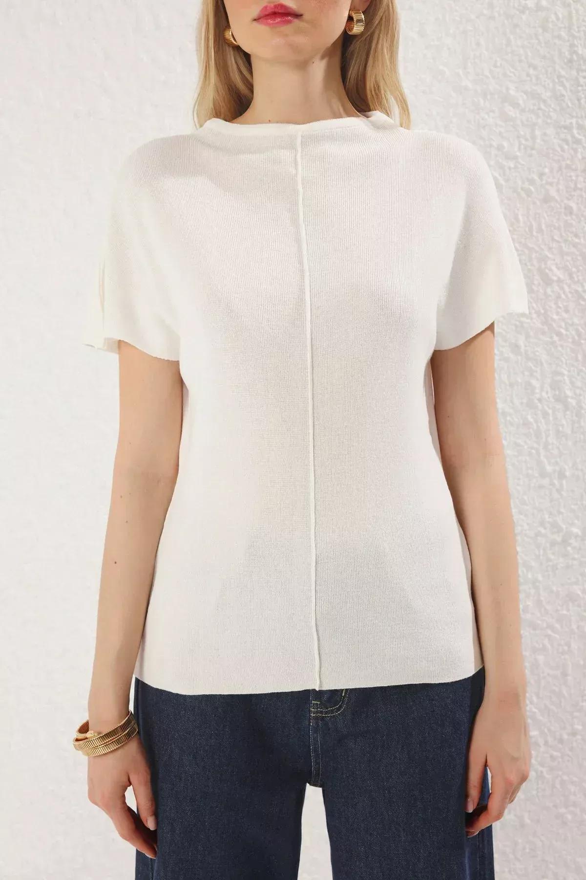 Beige Stand Collar Thin Knit Blouse, Ecru, large image number 2