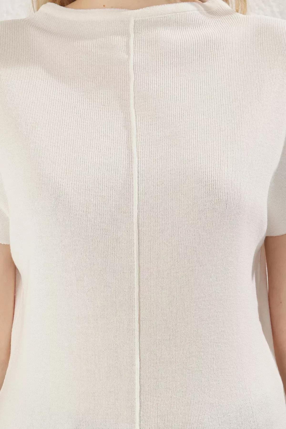 Beige Stand Collar Thin Knit Blouse, Ecru, large image number 3