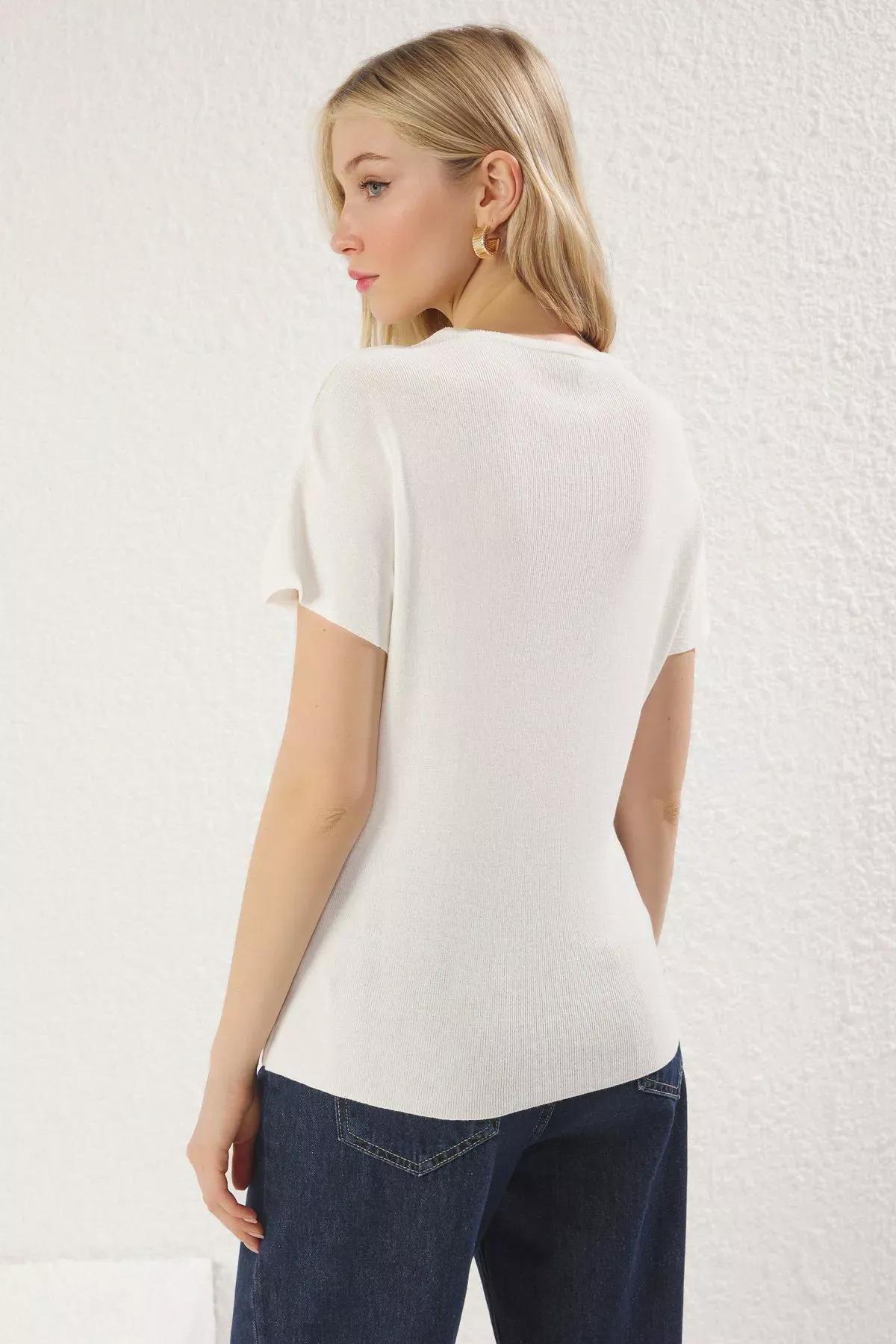 Beige Stand Collar Thin Knit Blouse, Ecru, large image number 4