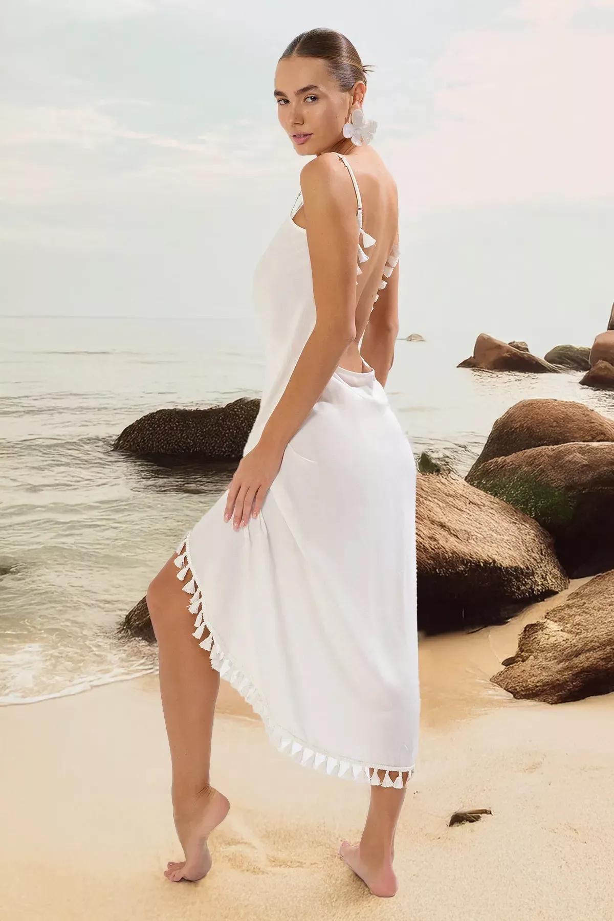 Beige Maxi Tassel Dress, Ecru, large image number 1