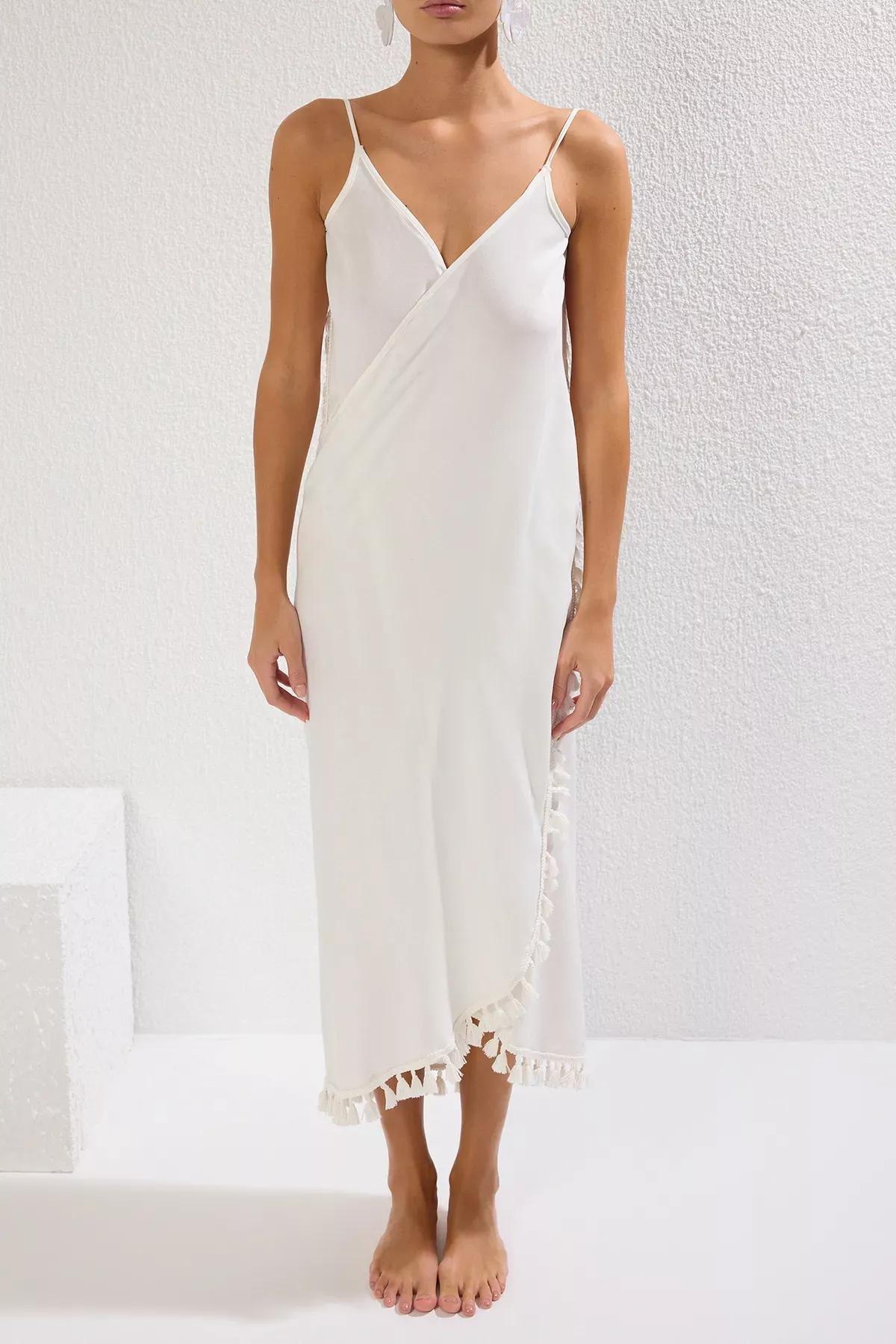 Beige Maxi Tassel Dress, Ecru, large image number 3