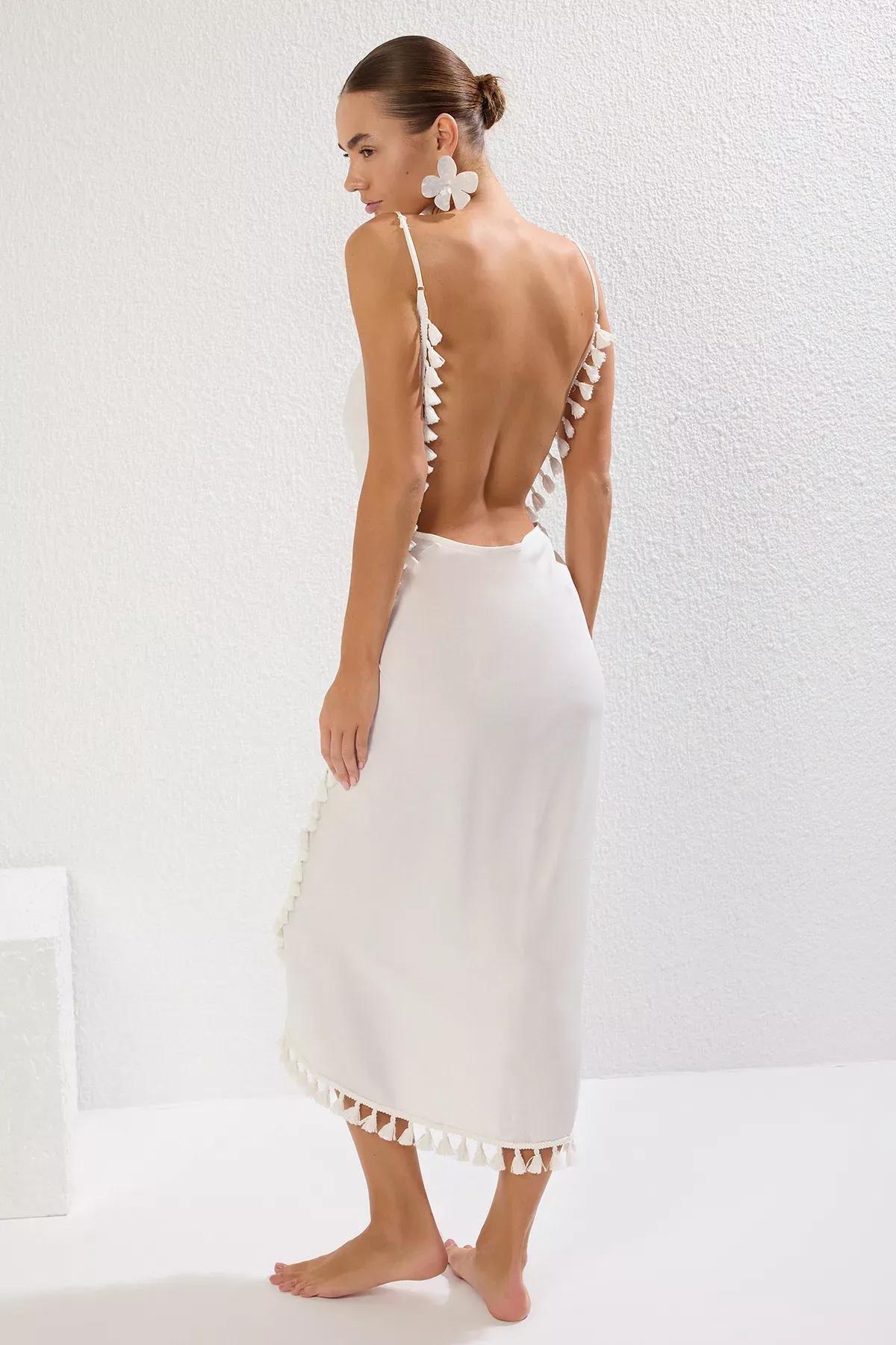 Beige Maxi Tassel Dress, , large image number 4