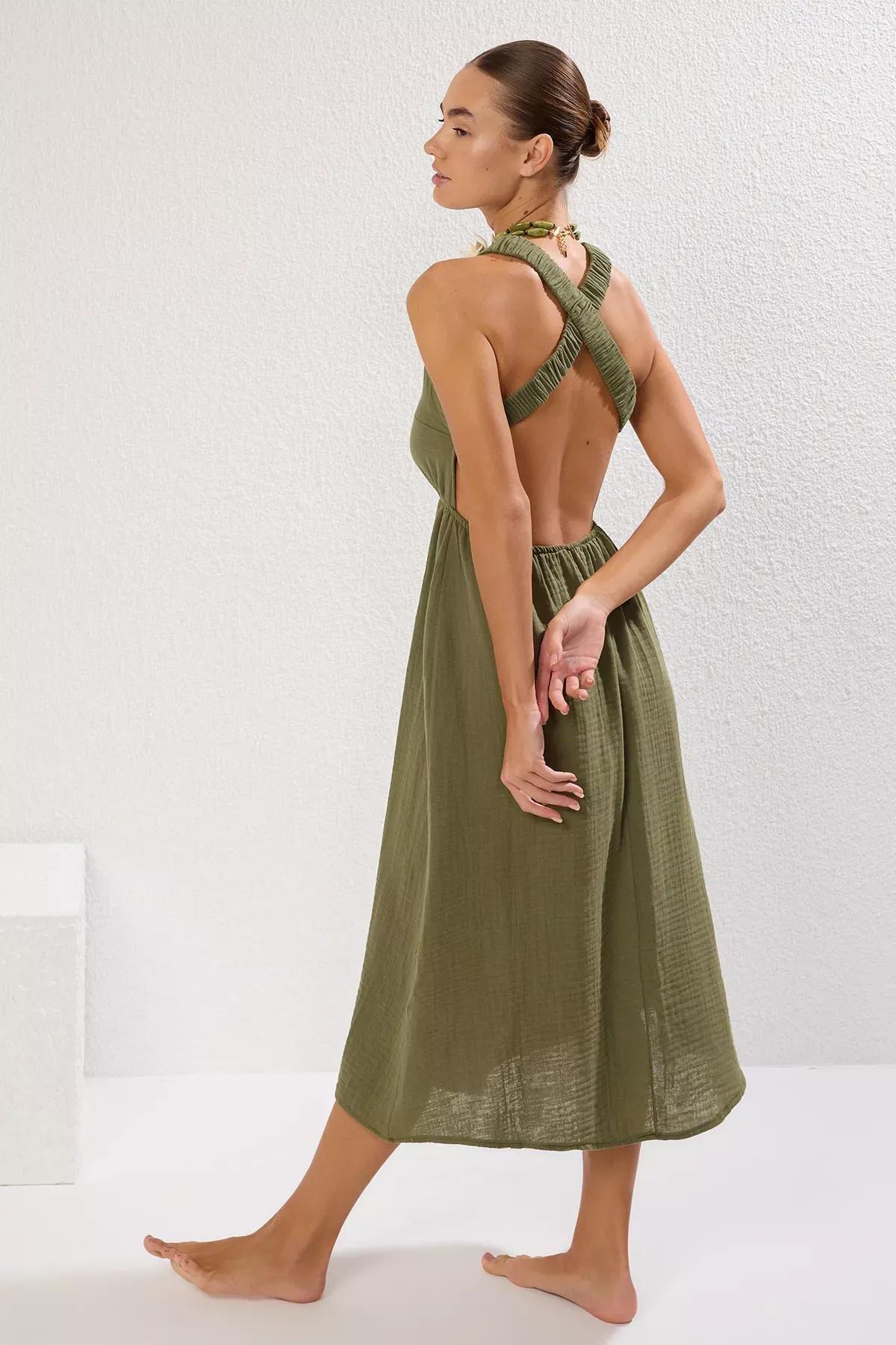 Green Maxi Backless Muslin Dress, Green, large image number 0