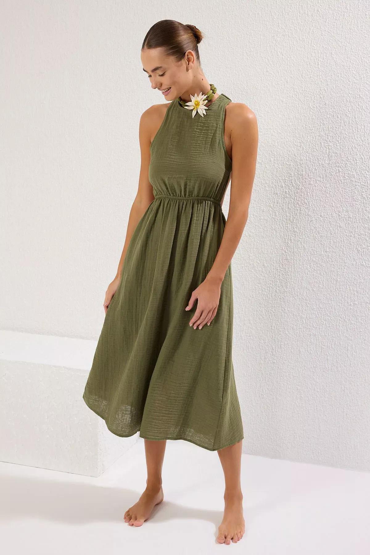 Green Maxi Backless Muslin Dress, Green, large image number 1