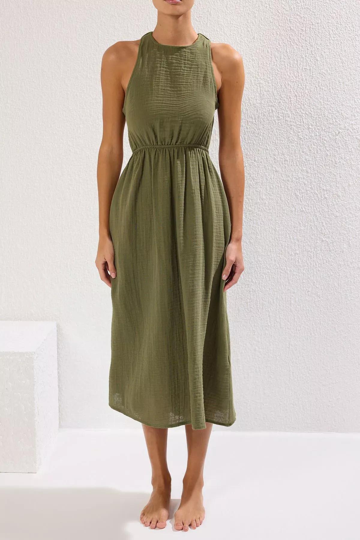 Green Maxi Backless Muslin Dress, Green, medium