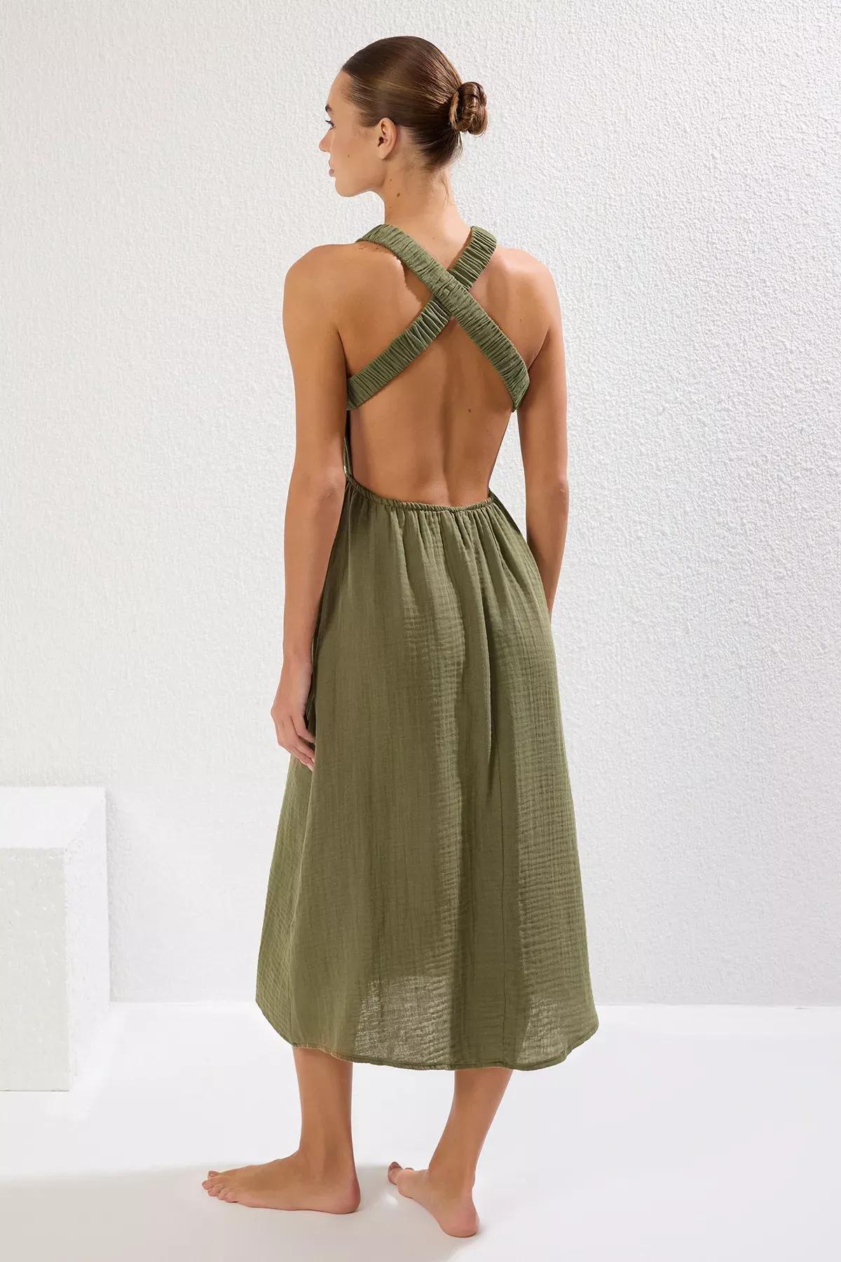 Green Maxi Backless Muslin Dress, Green, large image number 4