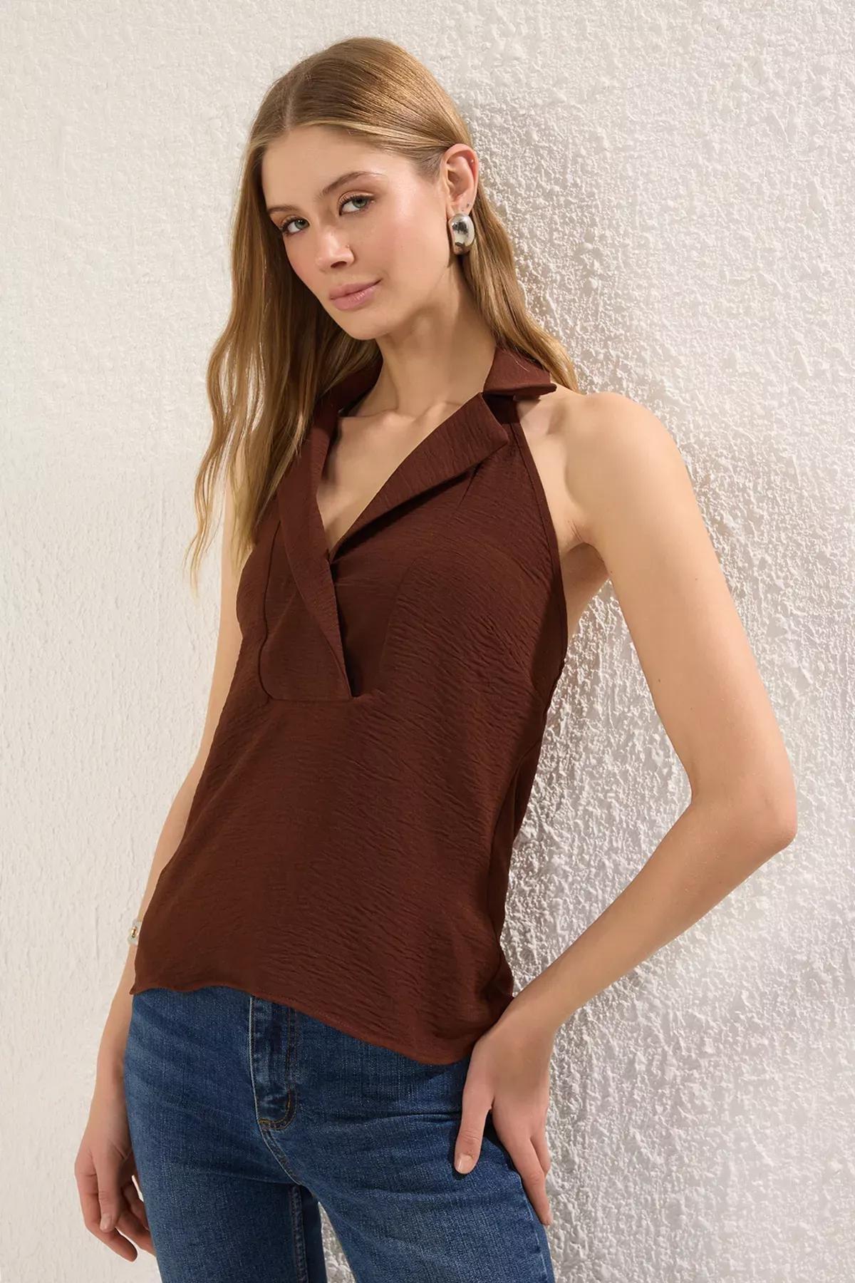 Brown Sleeveless Double Breasted Blouse, , large image number 0