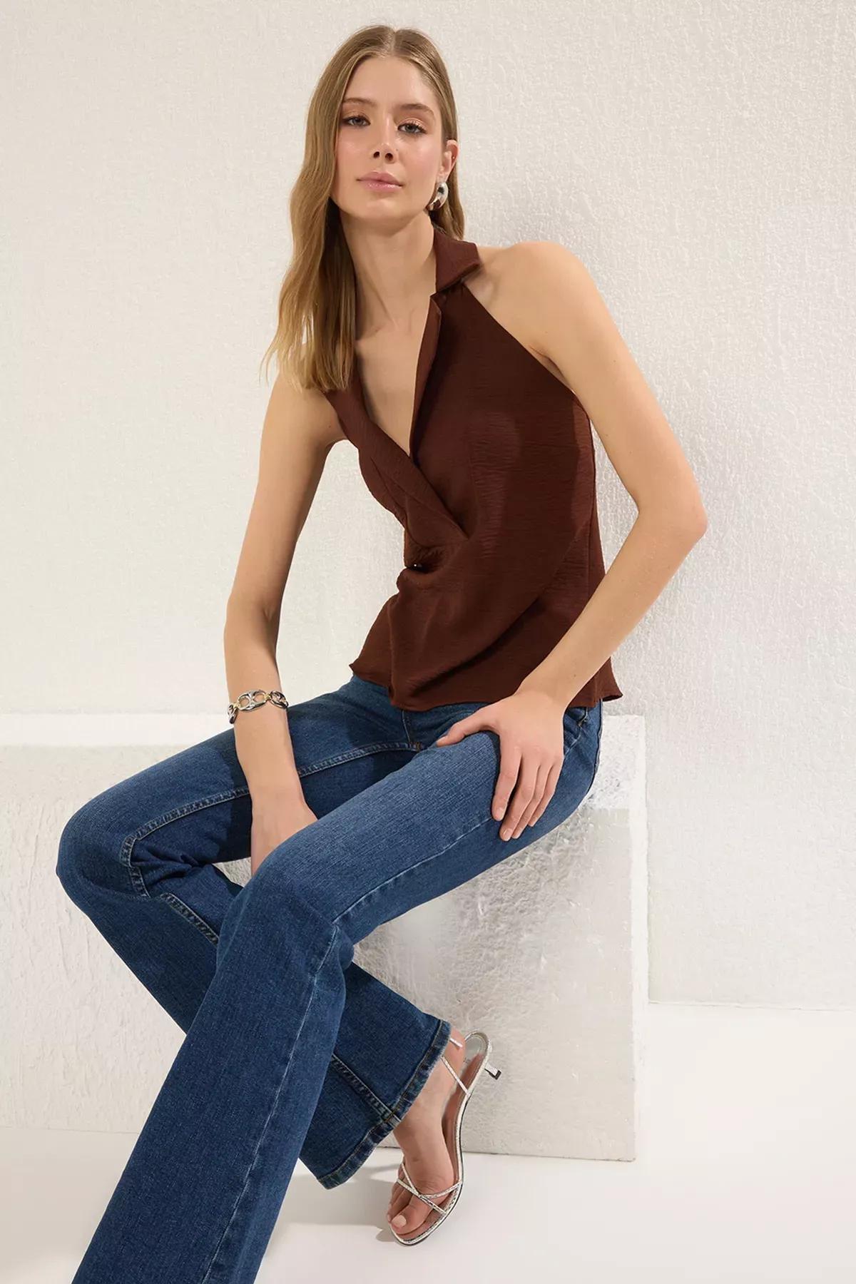 Brown Sleeveless Double Breasted Blouse, , large image number 1