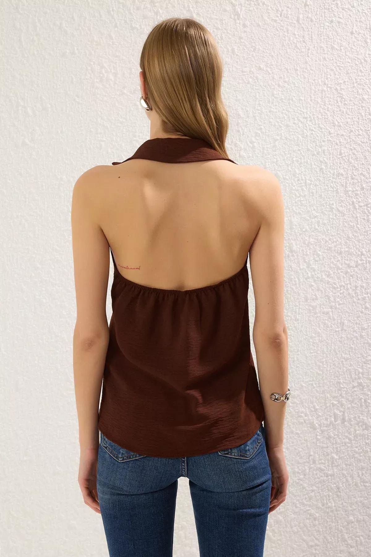 Brown Sleeveless Double Breasted Blouse, , large image number 3