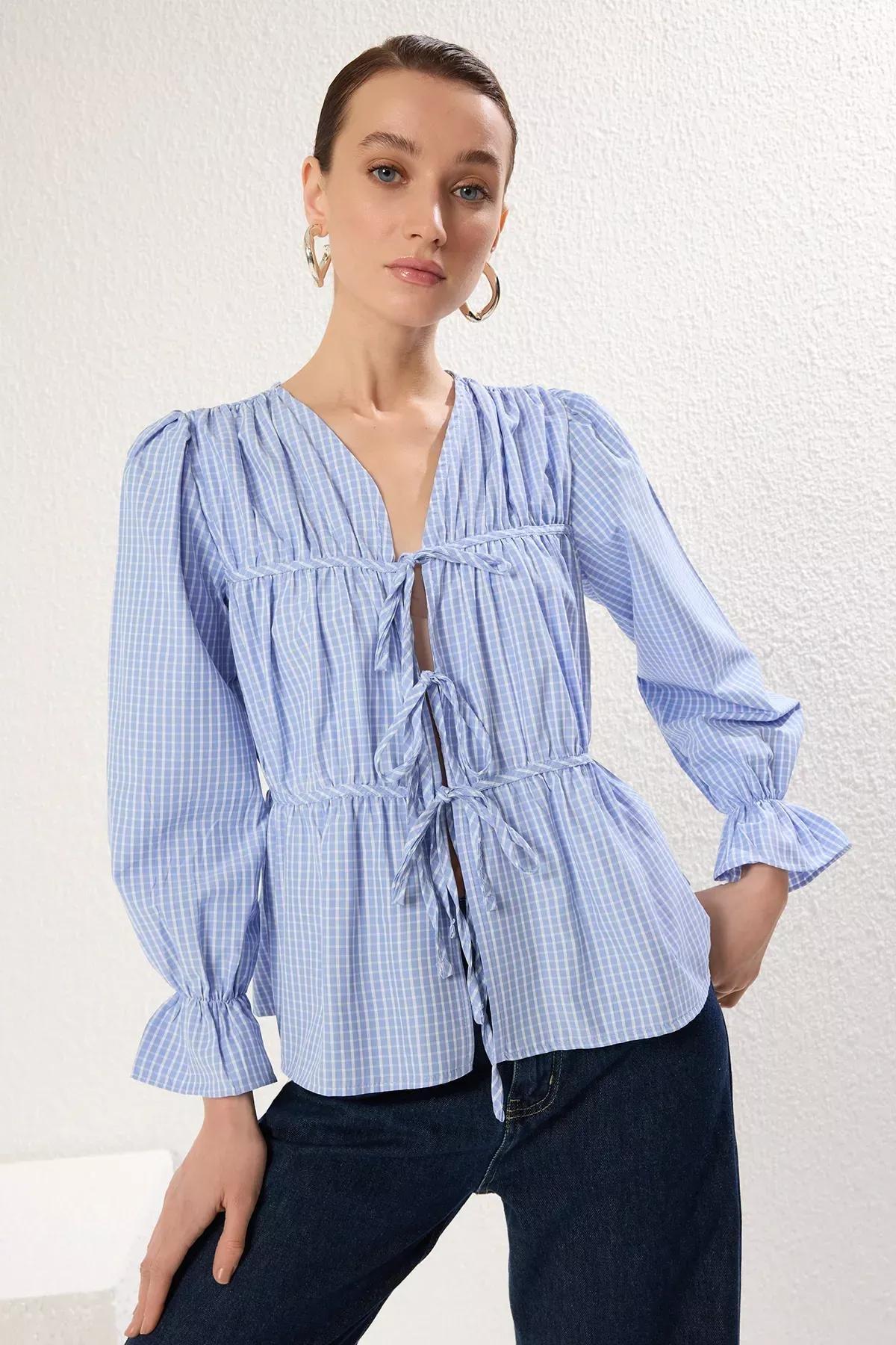 Blue Check Tie Woven Blouse, , large image number 0