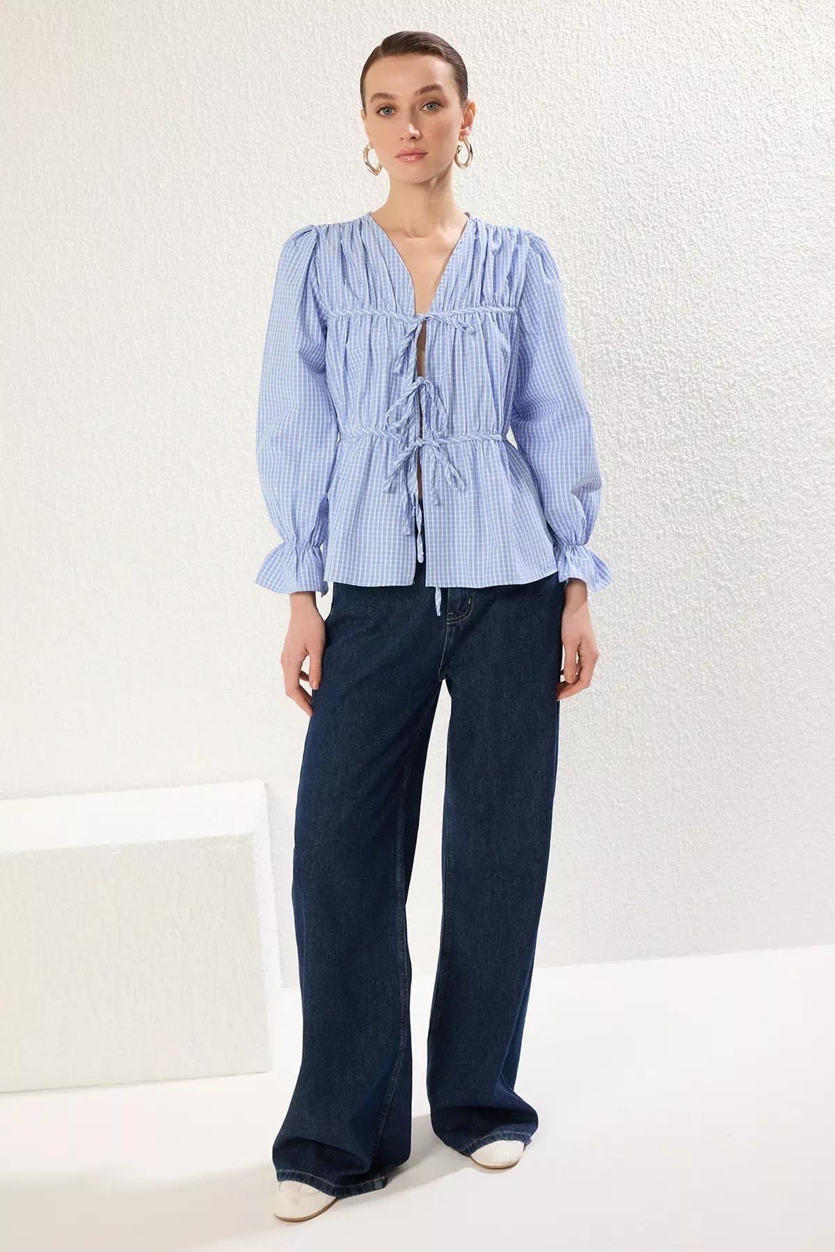 Blue Check Tie Woven Blouse, , large image number 1