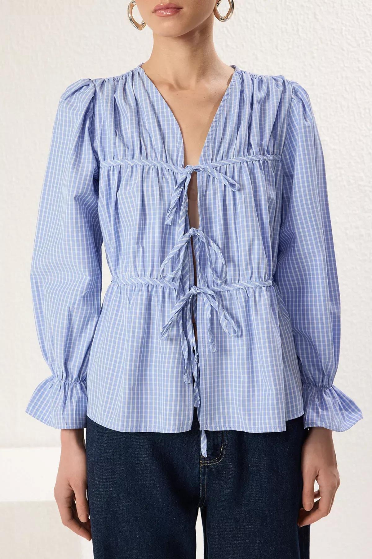 Blue Check Tie Woven Blouse, , large image number 2