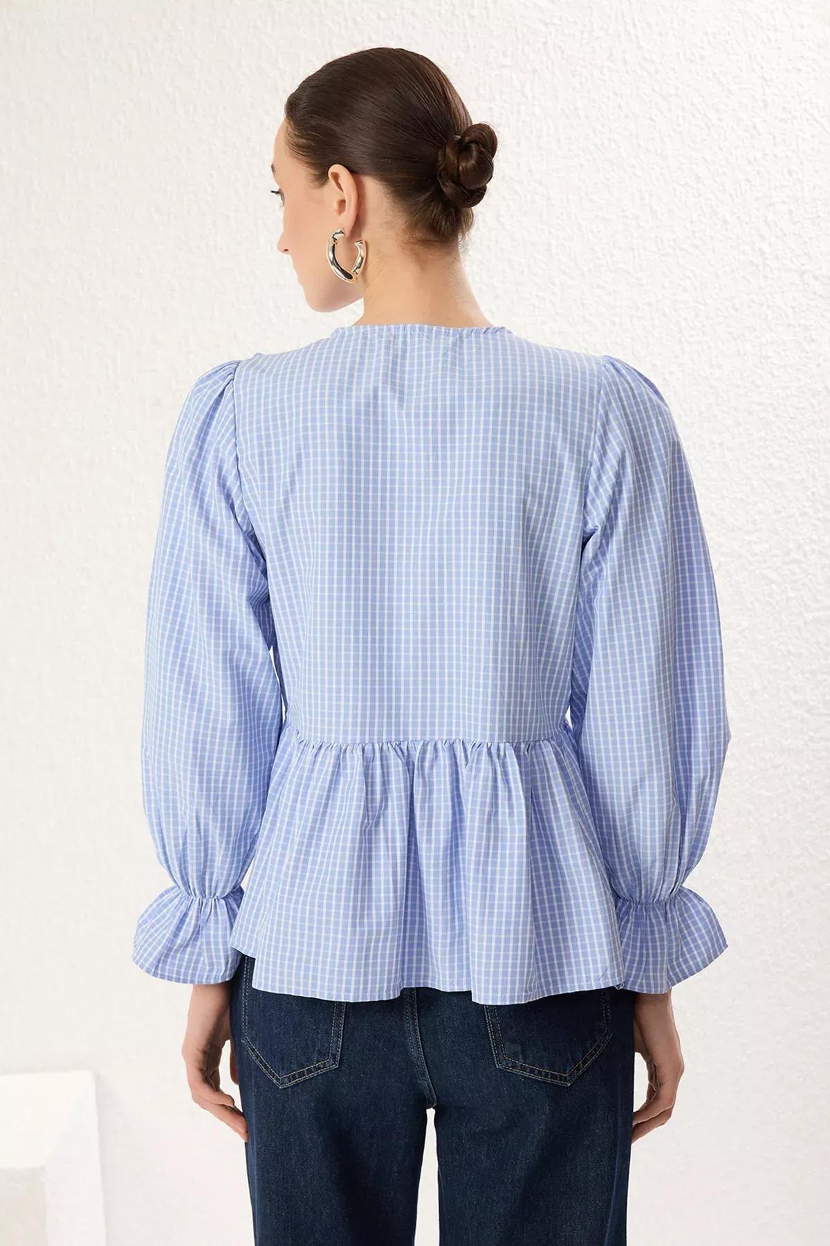 Blue Check Tie Woven Blouse, , large image number 4