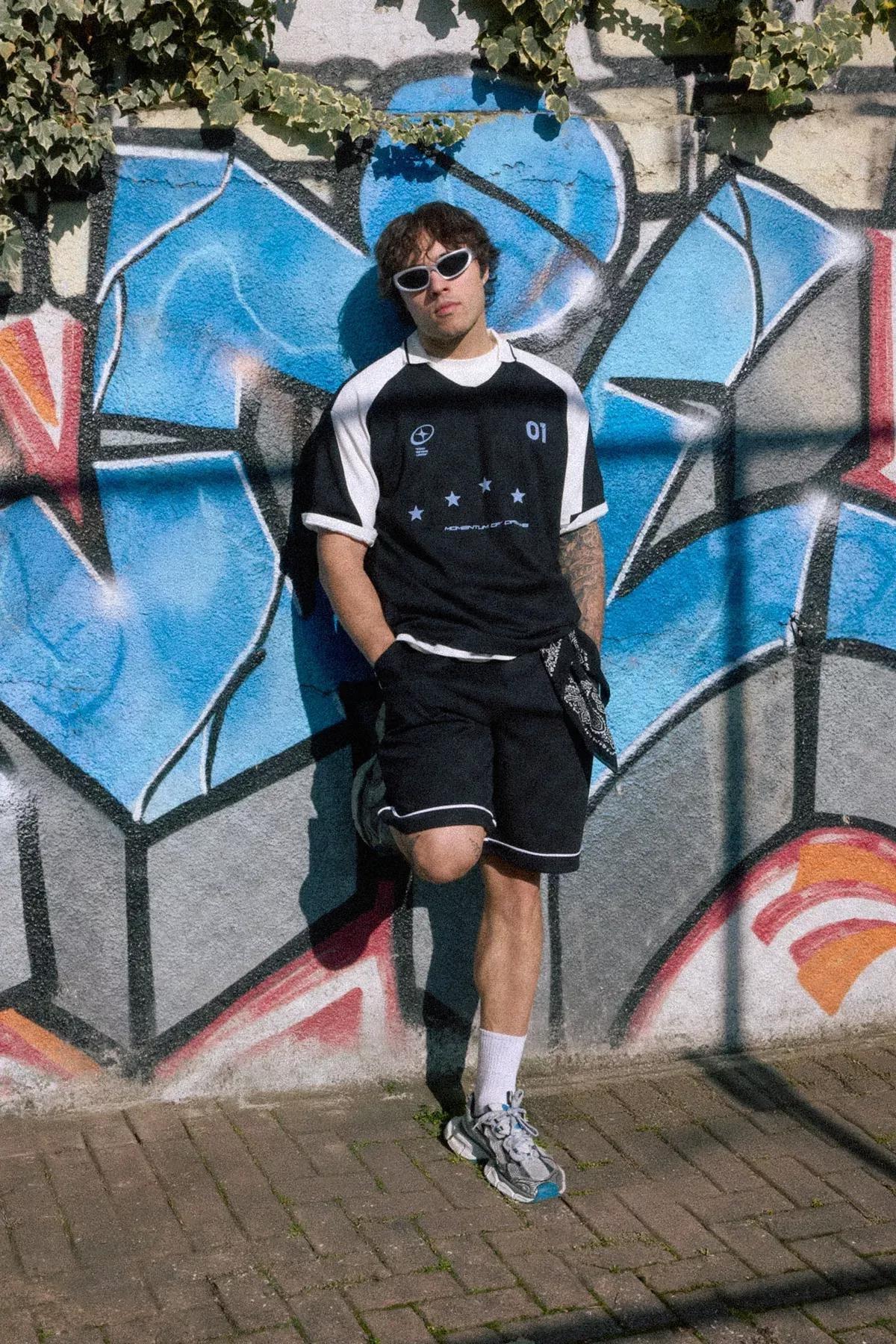 Black Oversize College Themed Shorts, , large image number 1