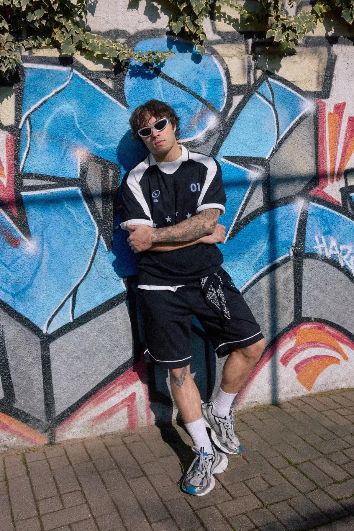 Black Oversize College Themed Shorts, , large image number 2