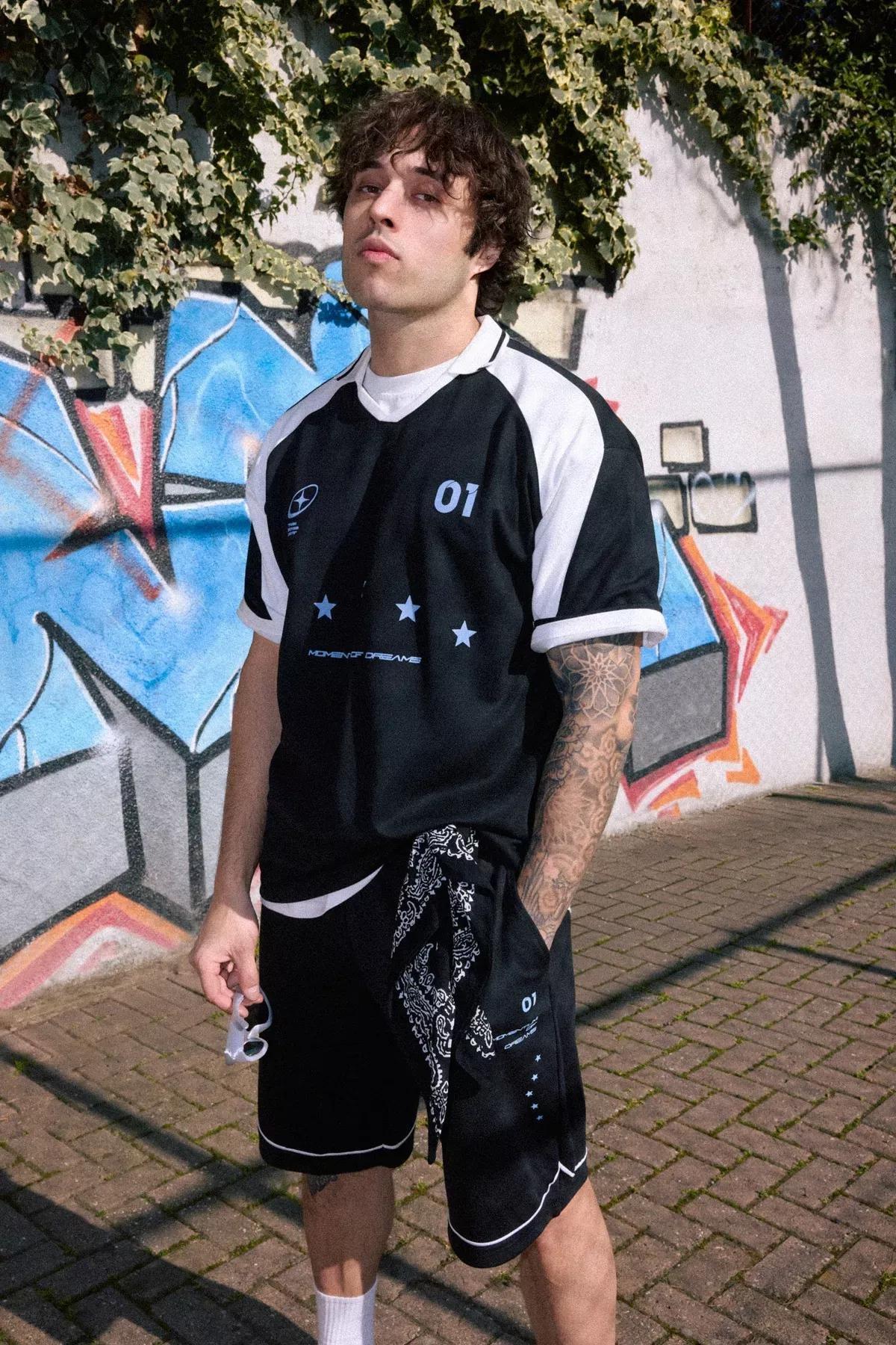 Black Oversize College Themed Shorts, , large image number 4