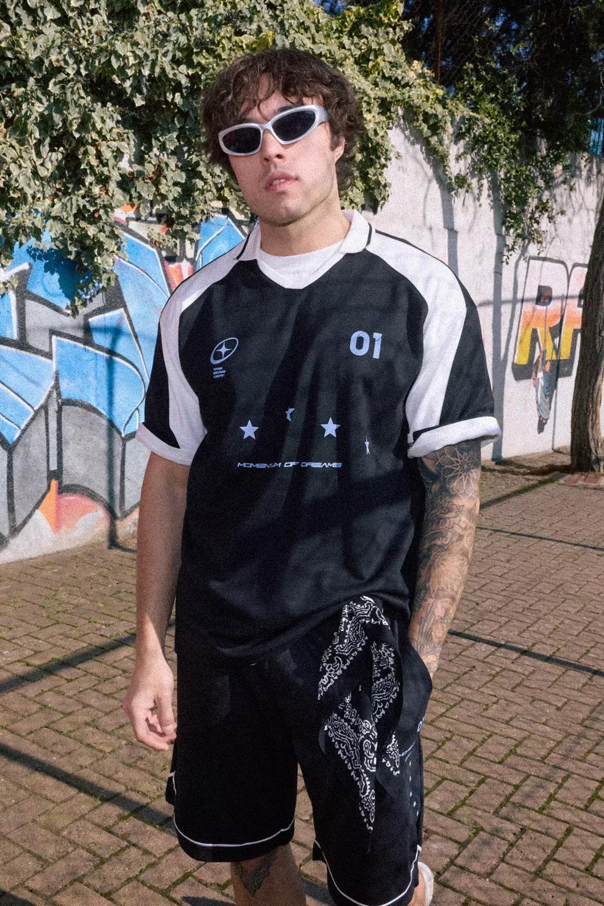 Black Oversize College Themed Shorts, , large image number 5