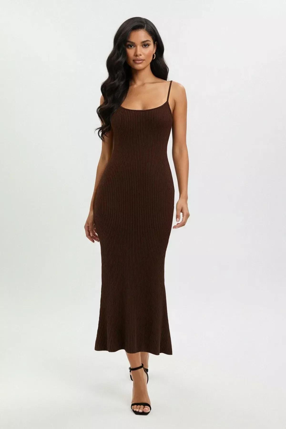 Brown Plain Midi Ribbed A-Line Knit Dress, Brown, large image number 1