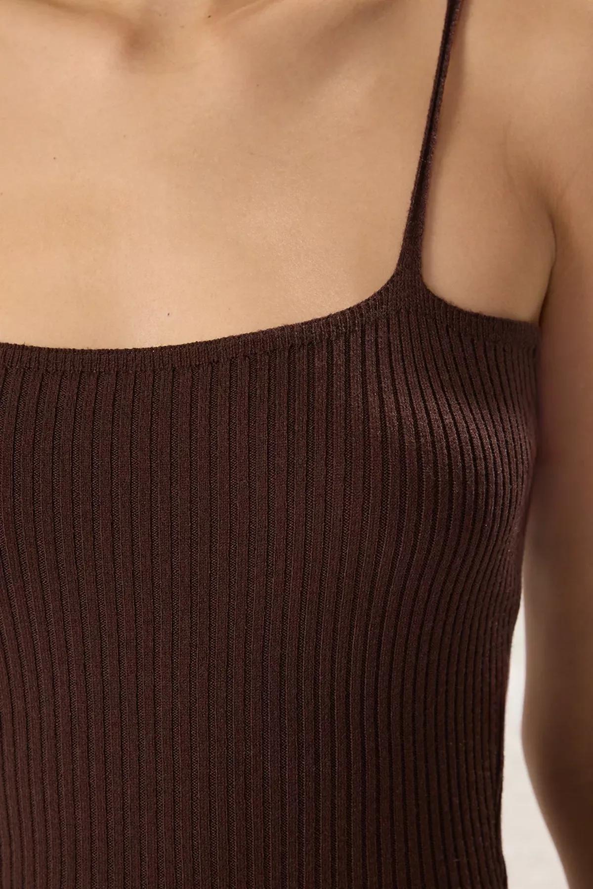 Brown Plain Midi Ribbed A-Line Knit Dress, Brown, large image number 2