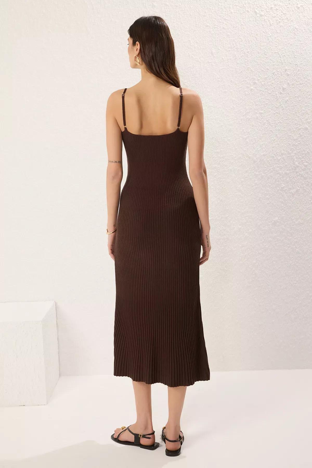 Brown Plain Midi Ribbed A-Line Knit Dress, Brown, large image number 3