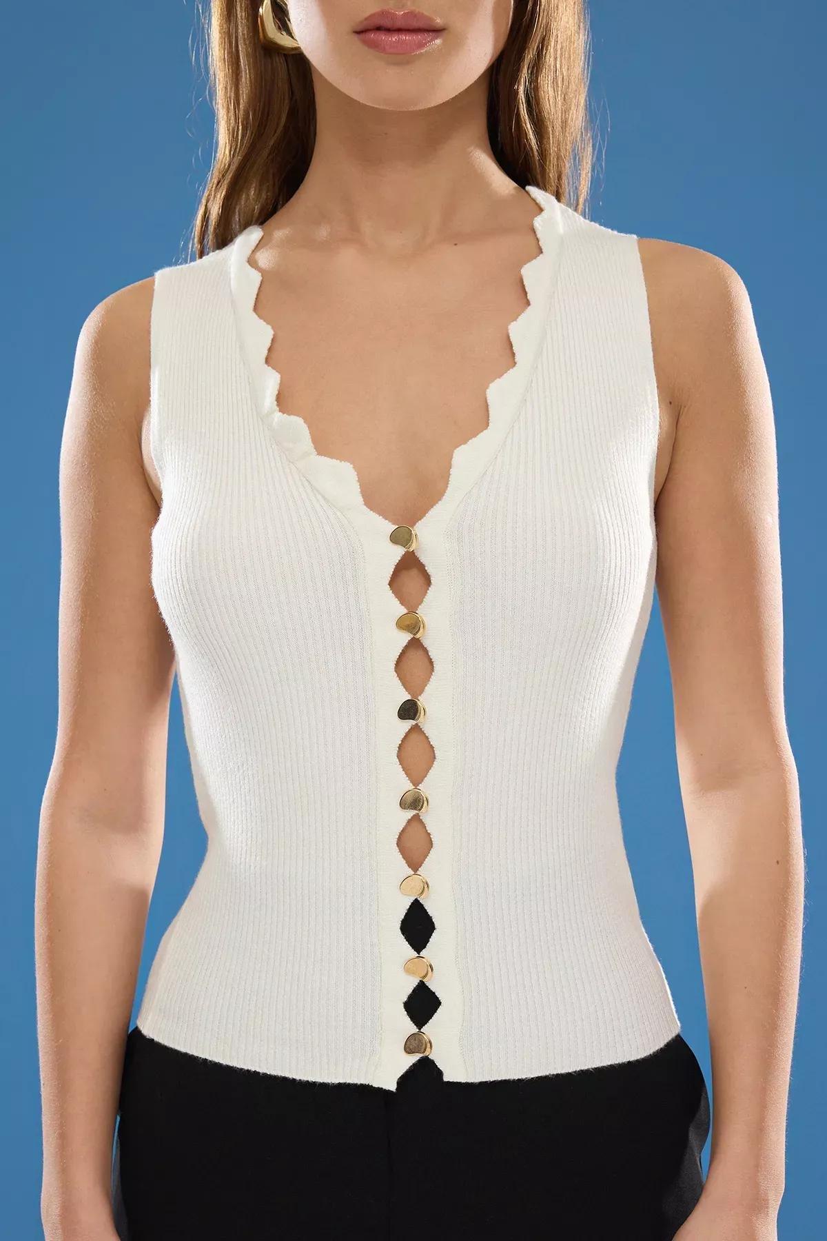 Beige V-Neck Thin Knit Blouse, , large image number 2