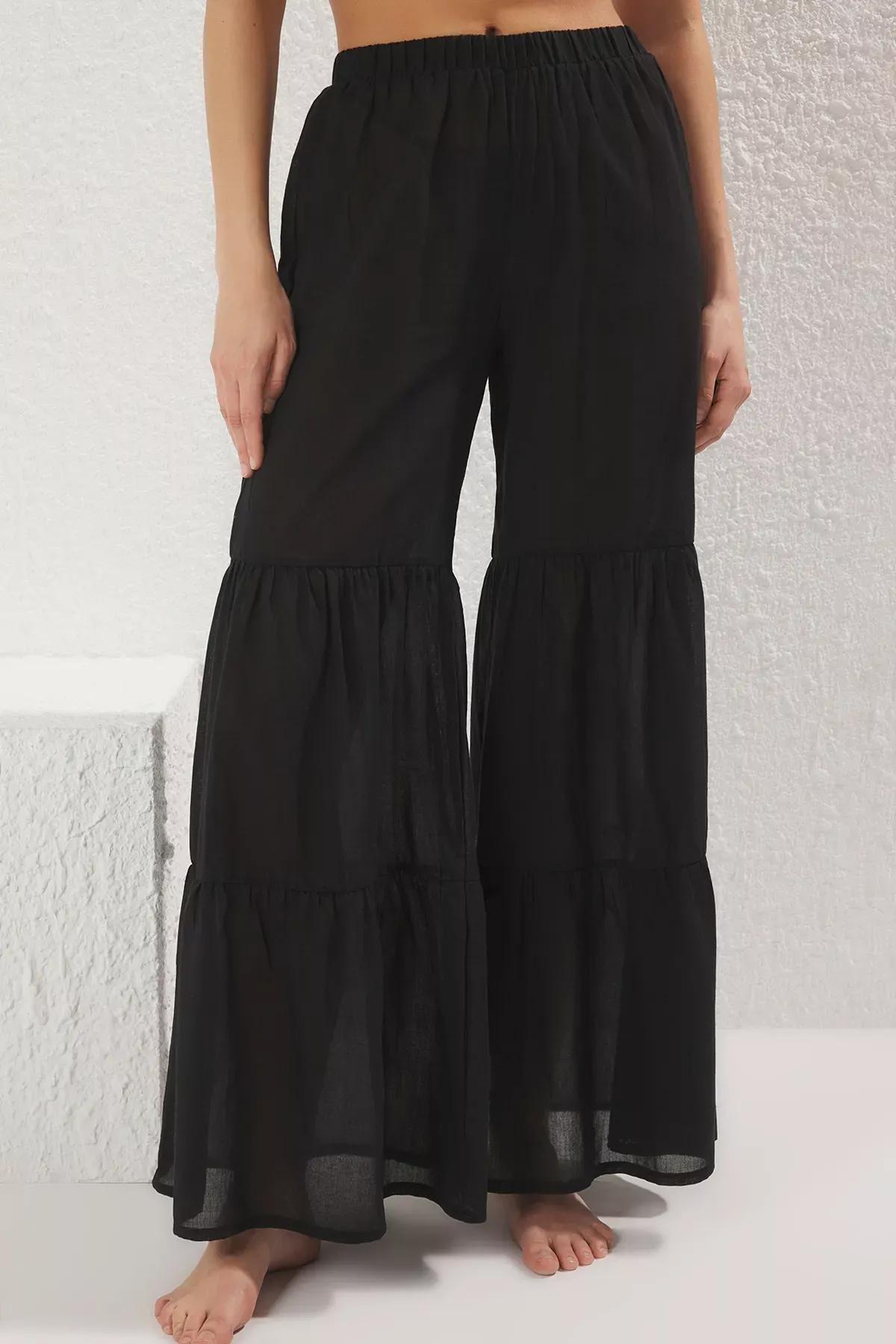 Black Flounce Beach Pants, , large image number 2