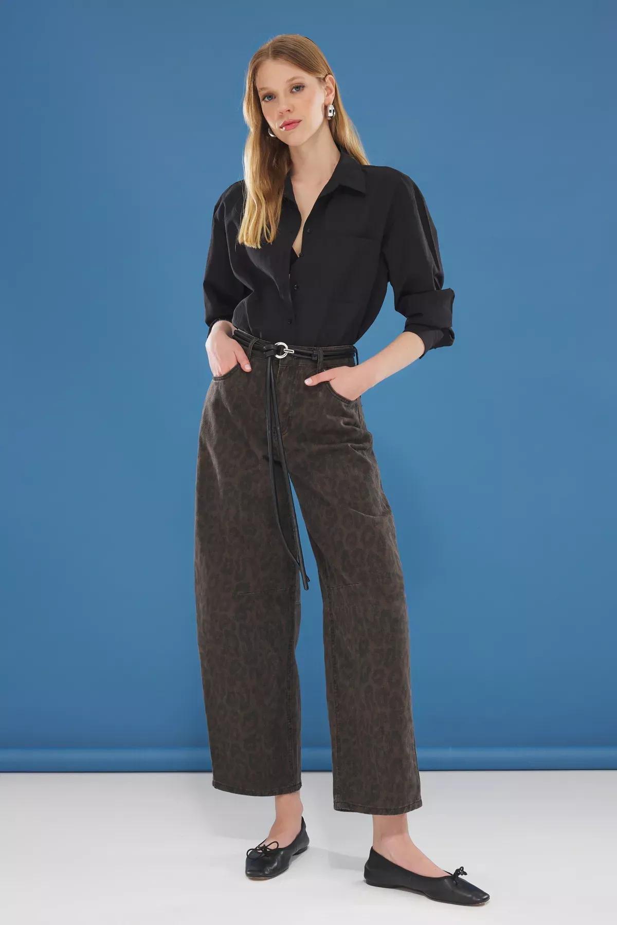 Brown Leopard Barrel Jeans, , large image number 0