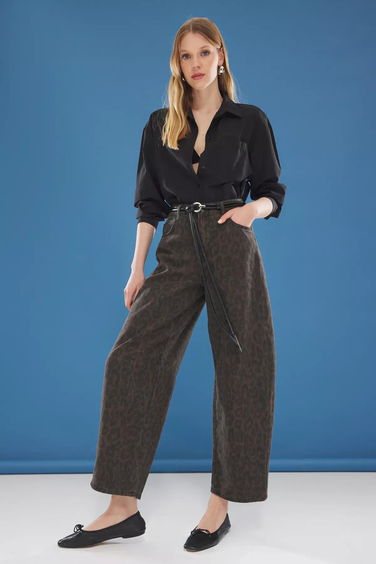 Brown Leopard Barrel Jeans, , large image number 1