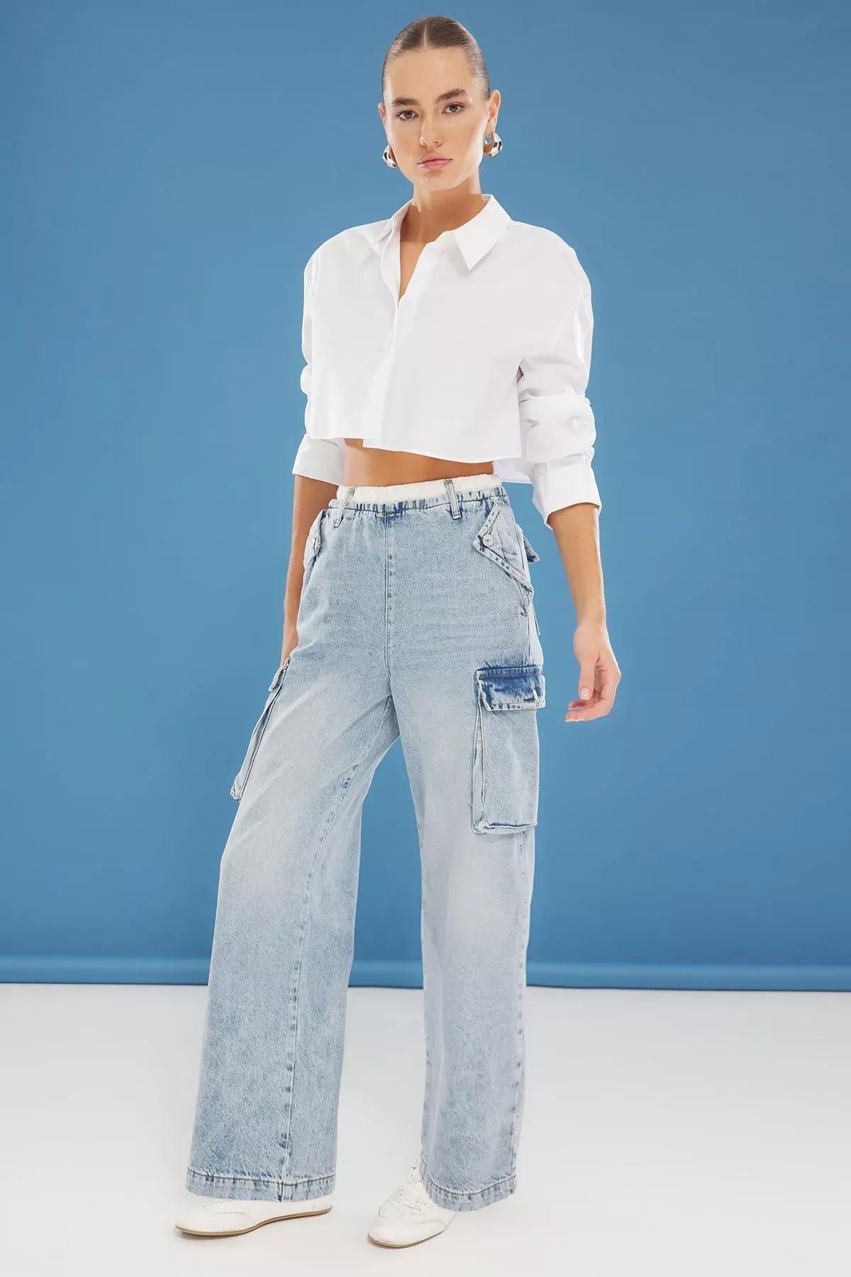 Blue Cargo Belted Wide Jeans, , large image number 0