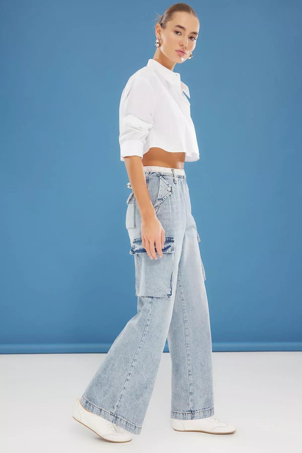 Blue Cargo Belted Wide Jeans, , large image number 1
