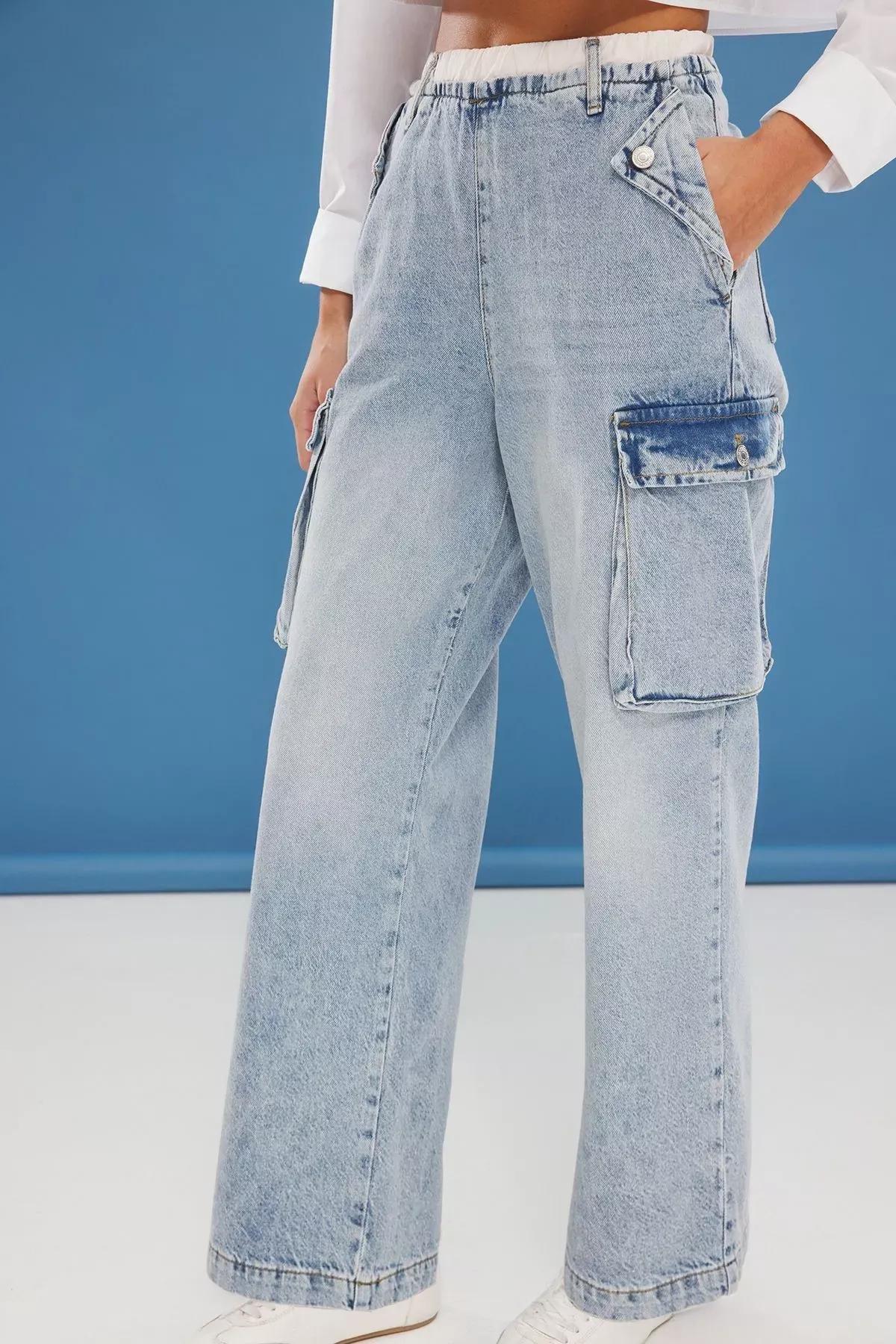 Blue Cargo Belted Wide Jeans, , large image number 2